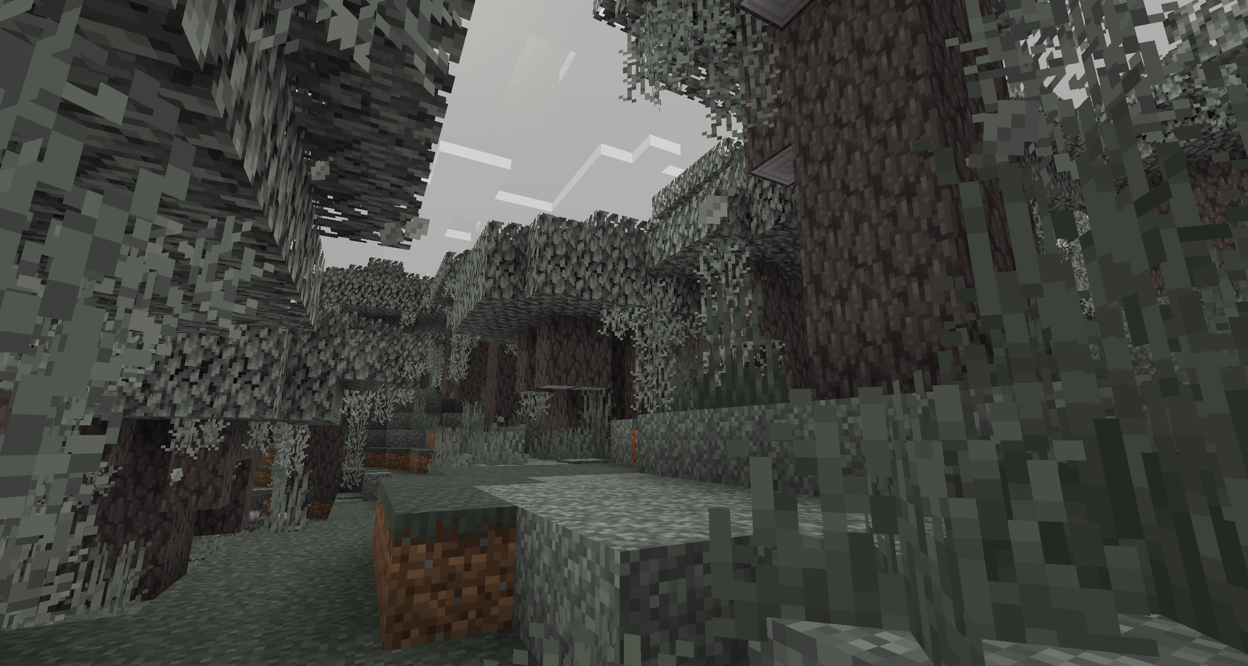 Minecraft Pale Garden with pale oak trees and hanging moss