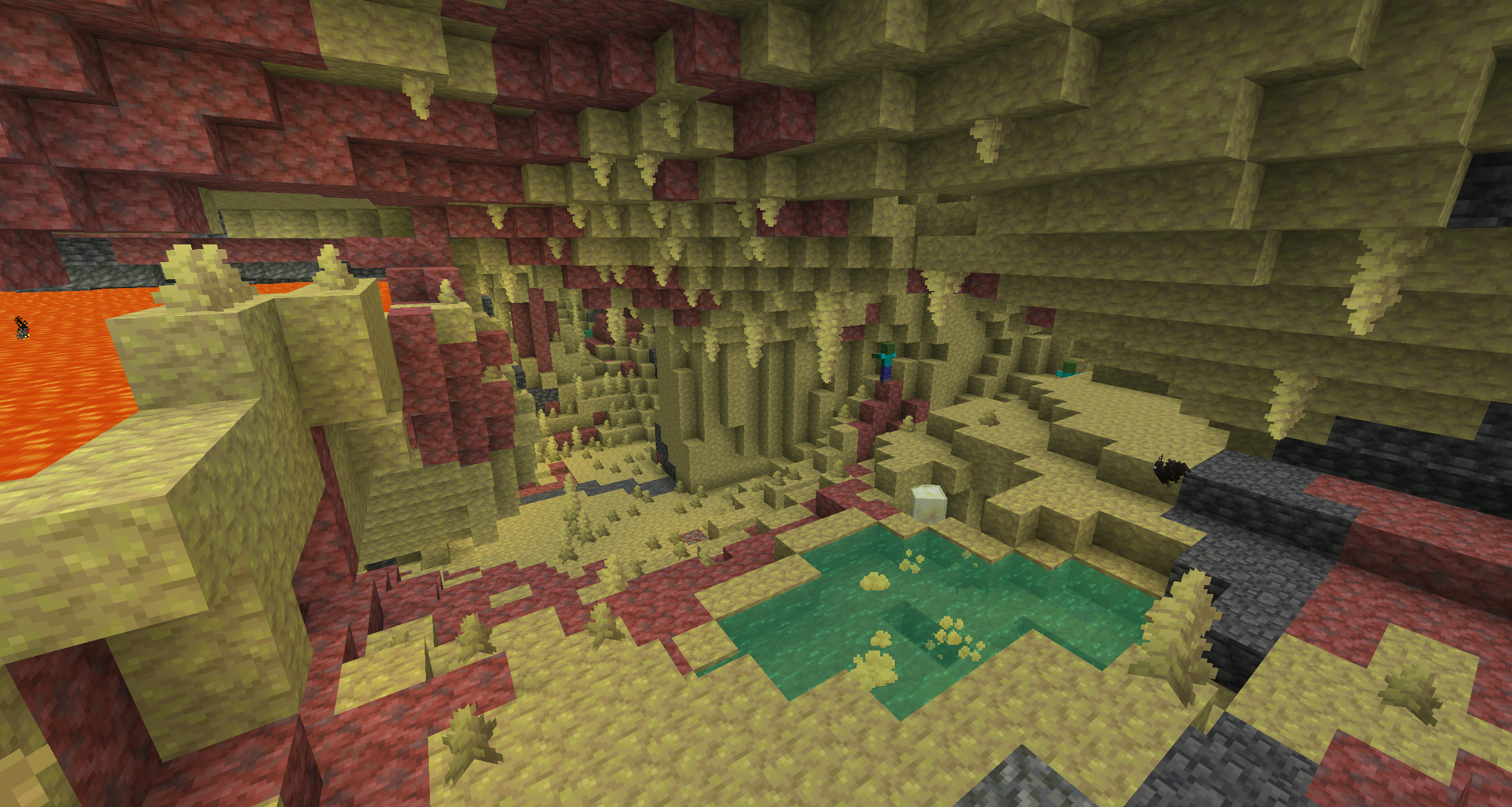 Minecraft Sulfur Caves with sulfur formations and bubbling pools