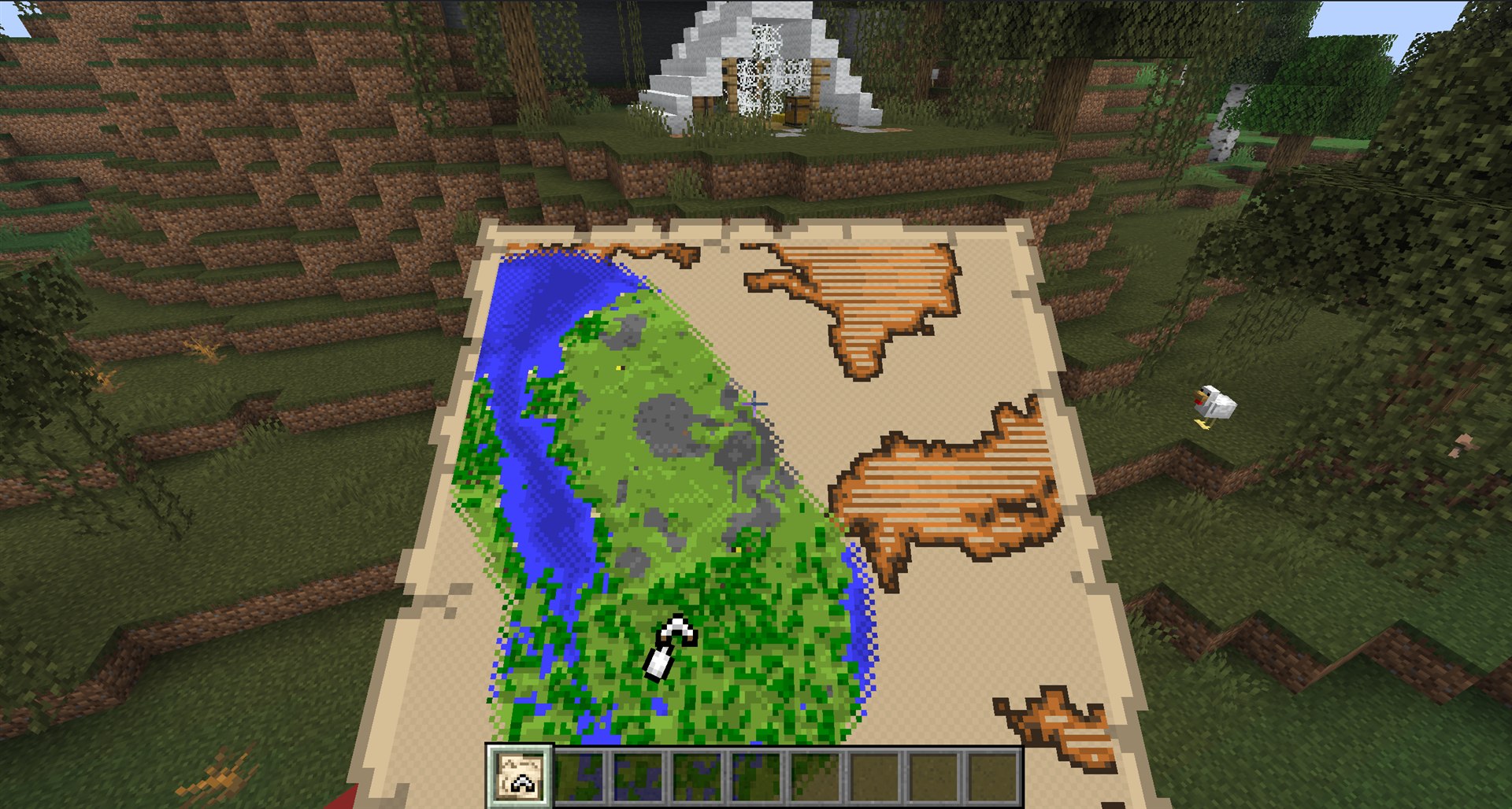 A Minecraft Explorer Map held near an Abandoned Camp