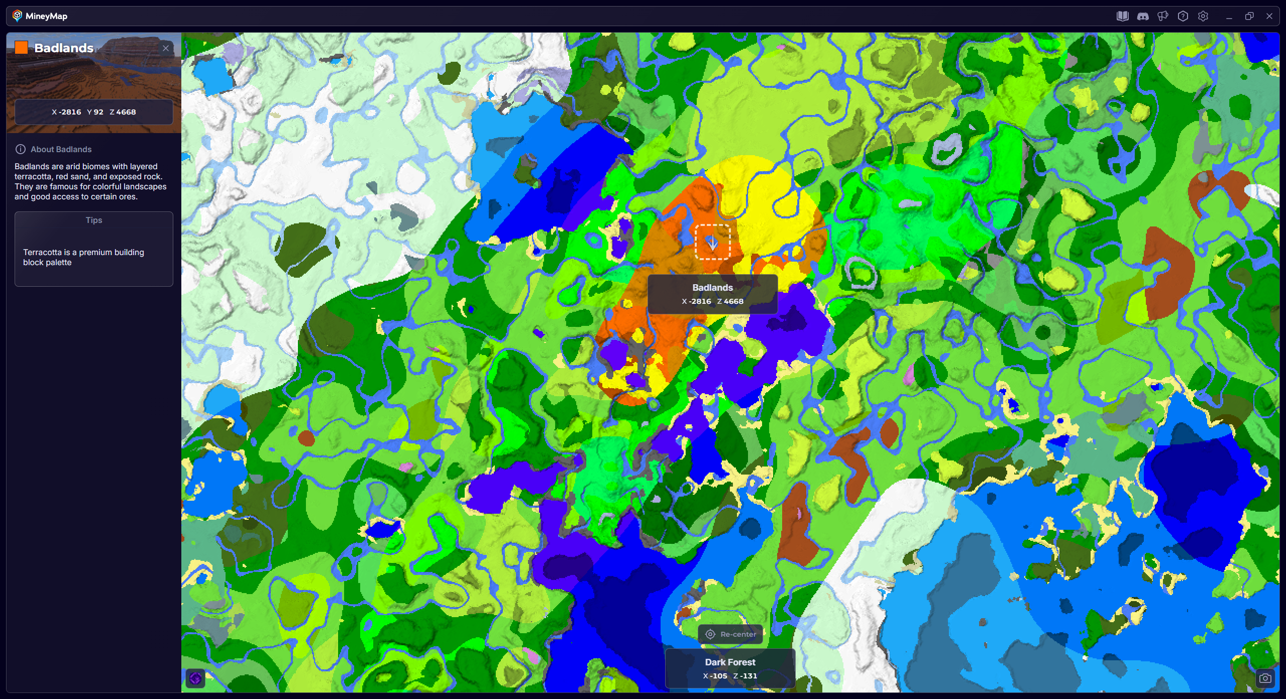 MineyMap world map with Badlands selected and its coordinates visible