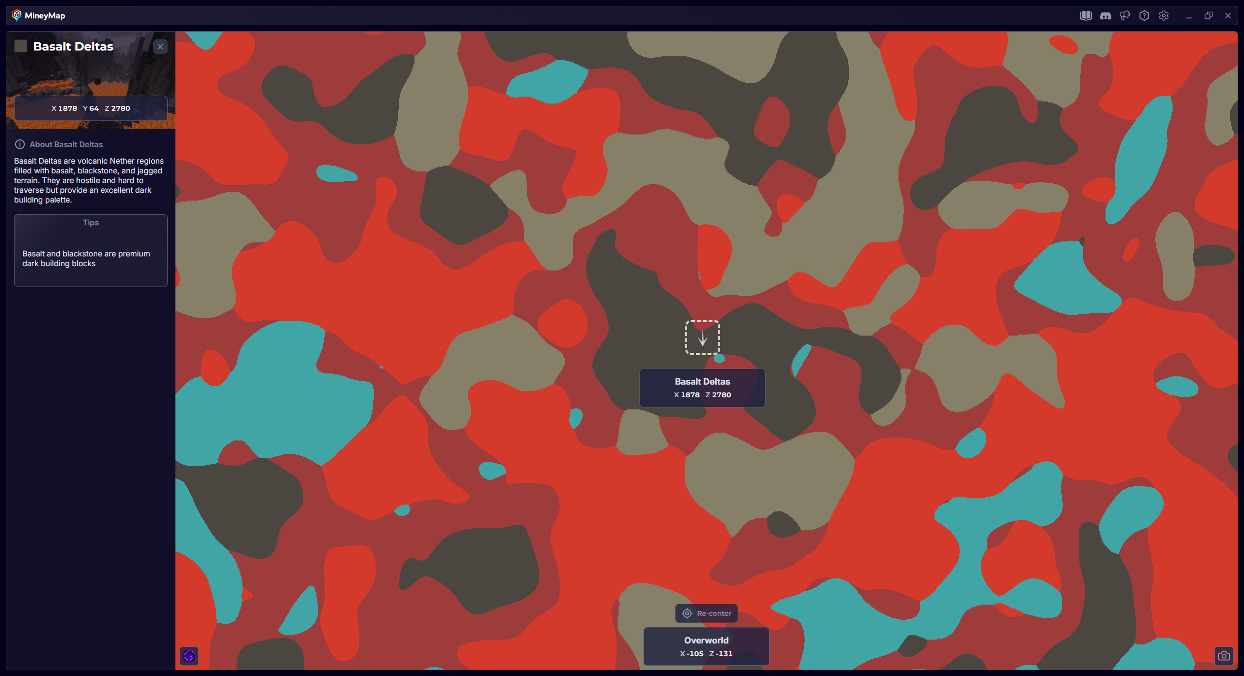 MineyMap world map with Basalt Deltas selected and its coordinates visible
