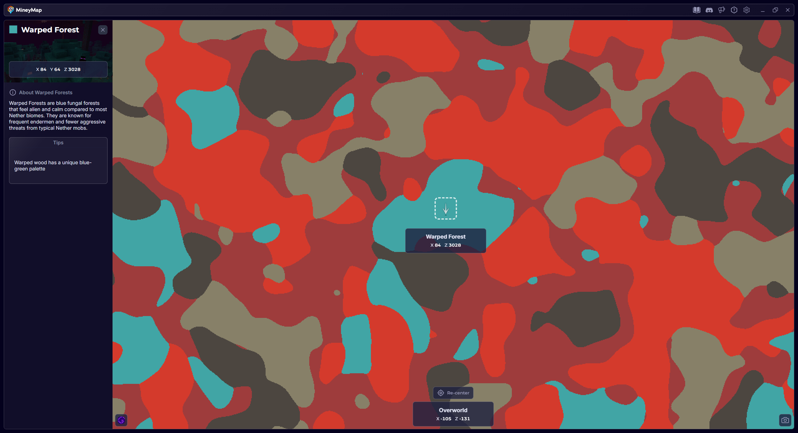 MineyMap world map with Warped Forest selected and its coordinates visible