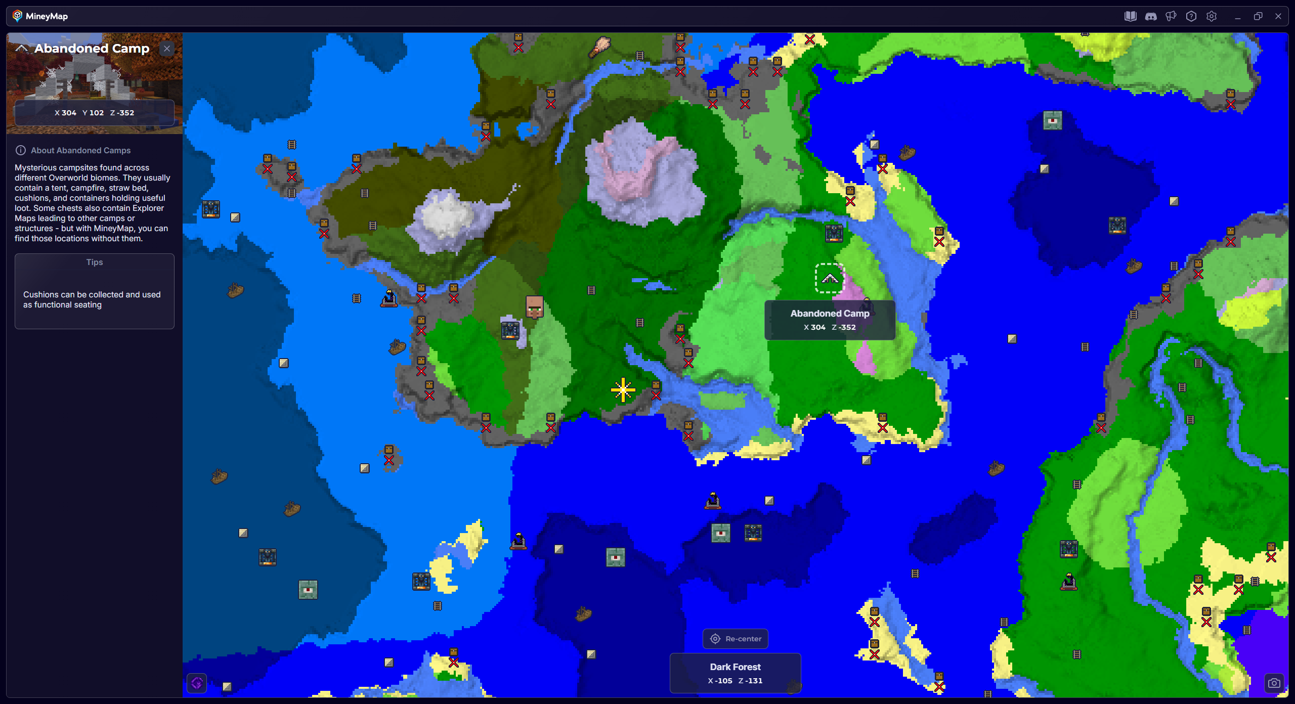 MineyMap world map with Abandoned Camp selected and its coordinates visible