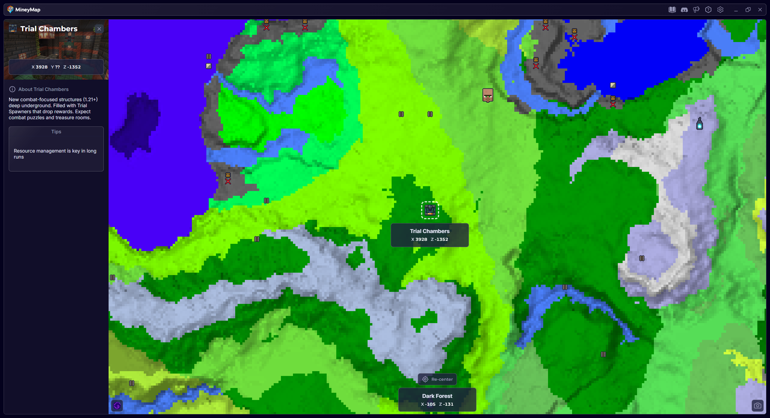 MineyMap world map with Trial Chambers selected and its coordinates visible