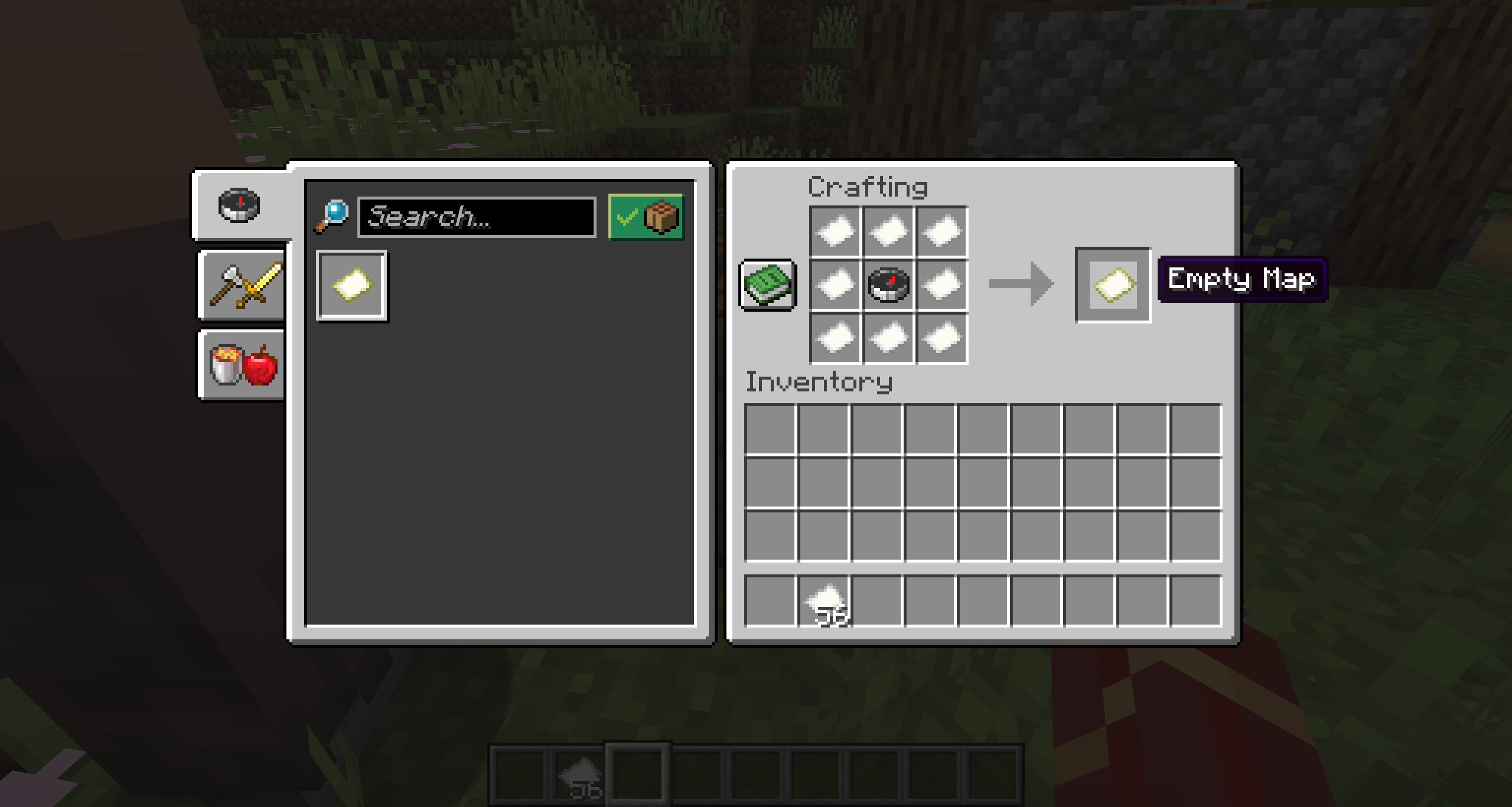Minecraft crafting table recipe using eight paper and a compass to create an empty map