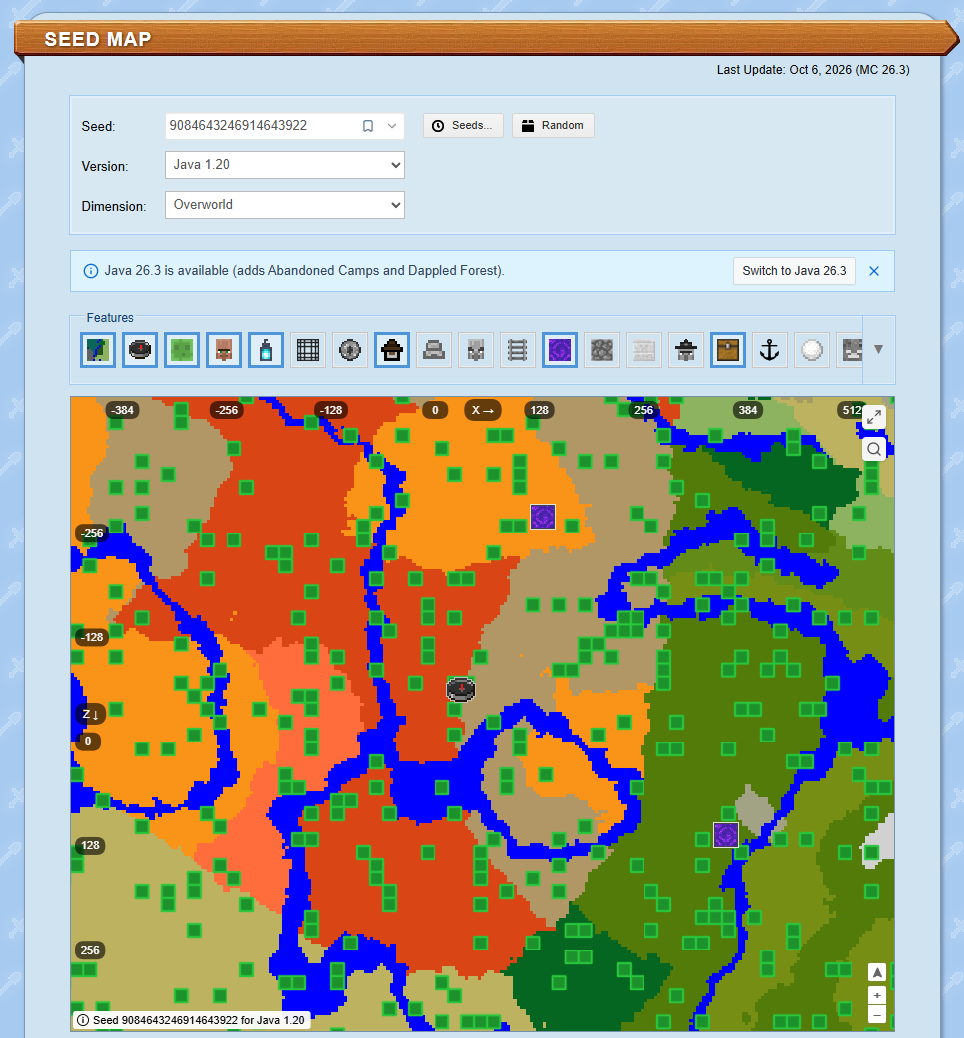 Chunkbase Seed Map showing biome colors and generated structure locations for a Java seed