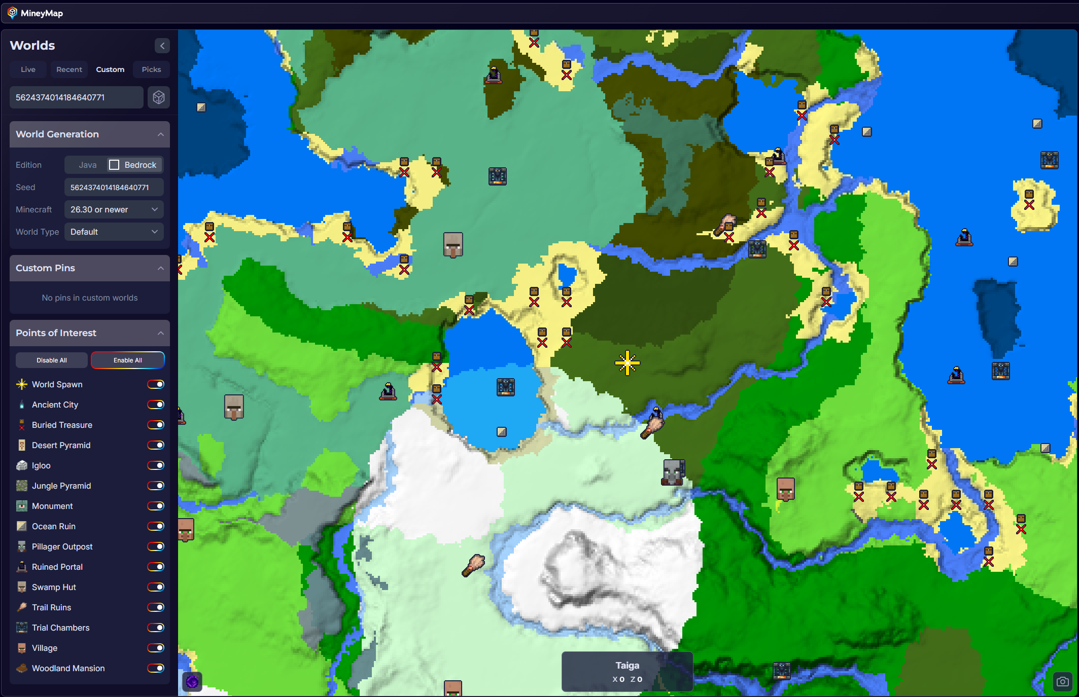 MineyMap Bedrock Edition map for seed 5624374014184640771