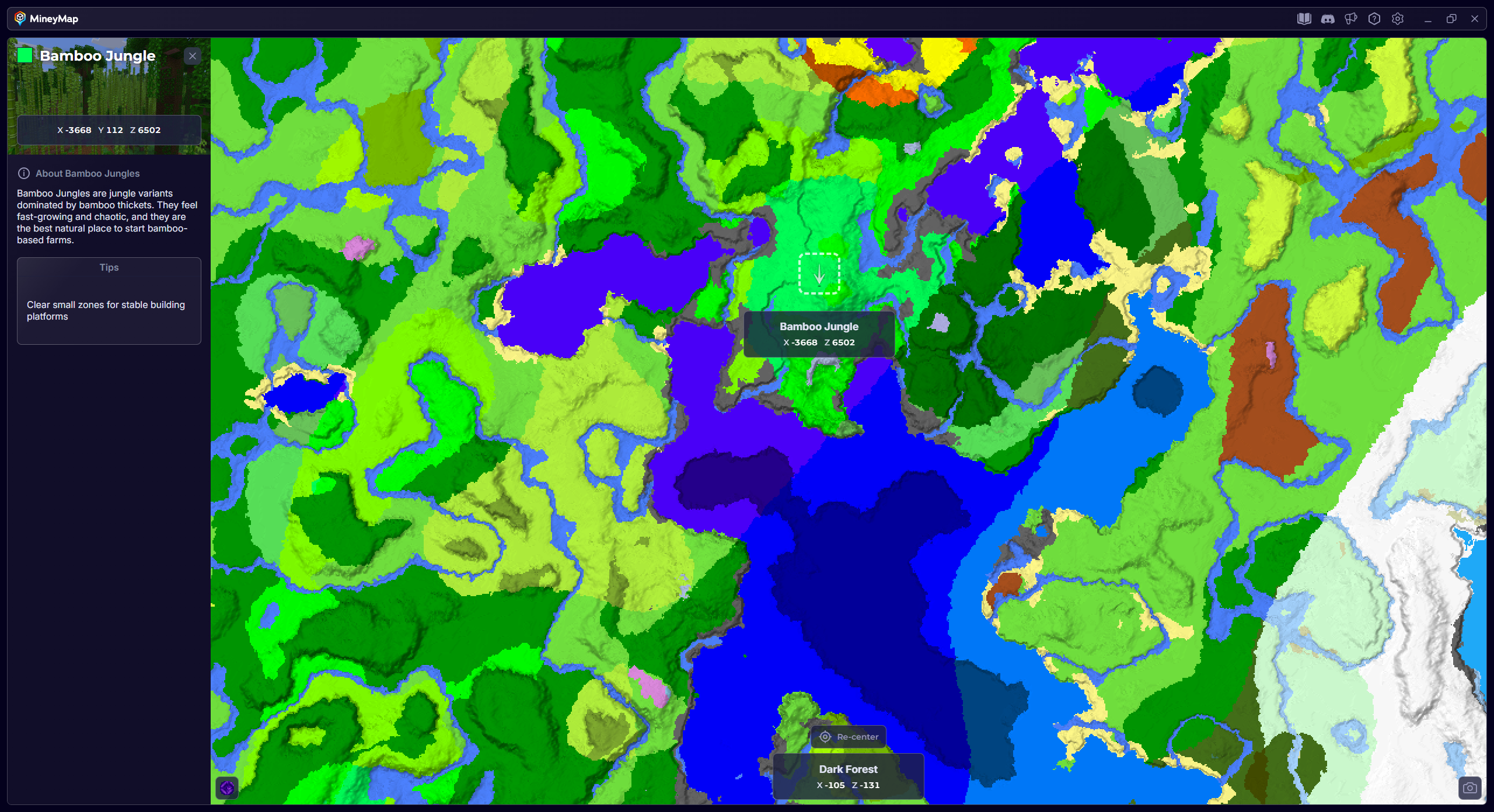 MineyMap world map with Bamboo Jungle selected and its coordinates visible