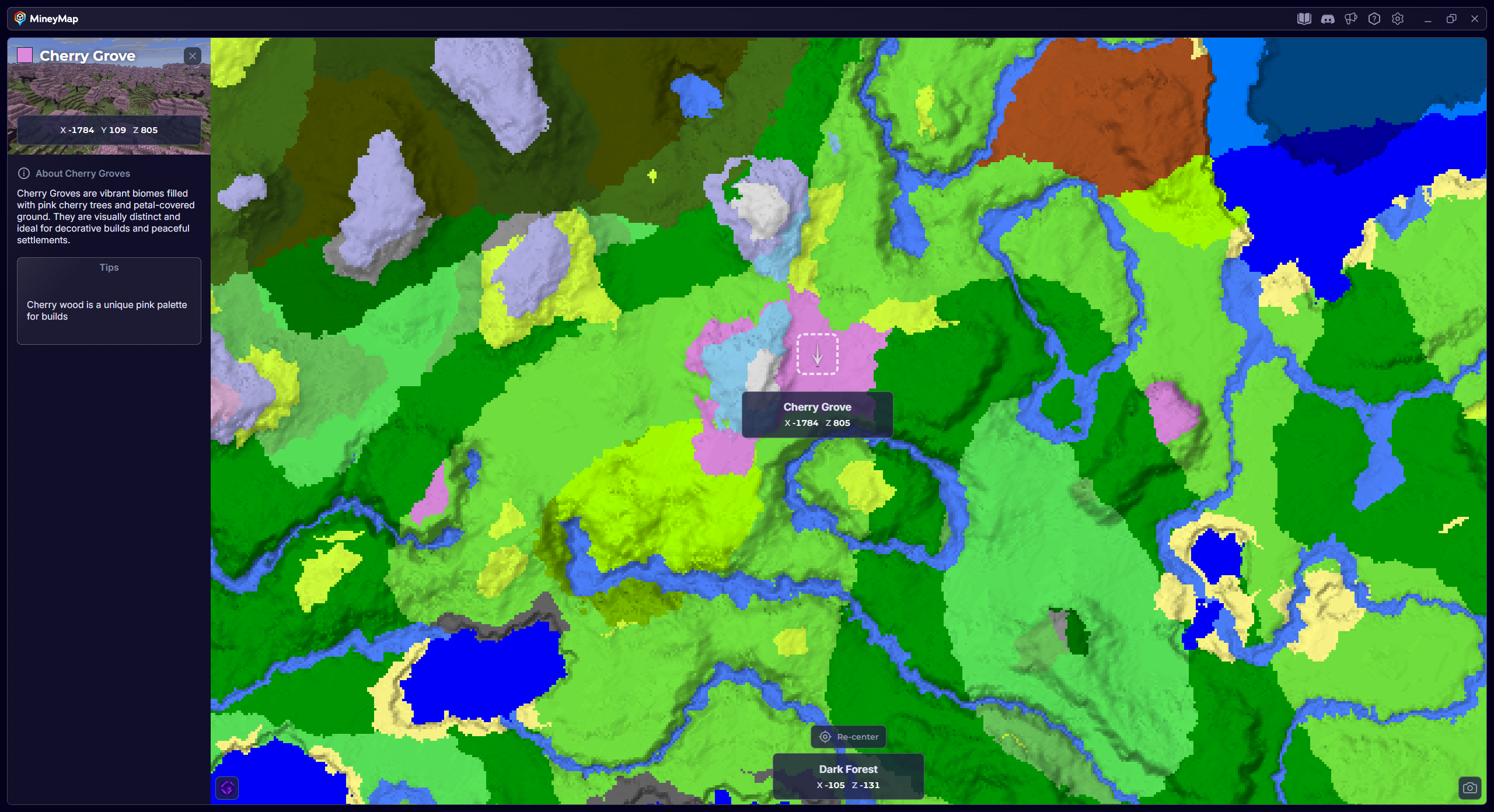MineyMap world map with Cherry Grove selected and its coordinates visible