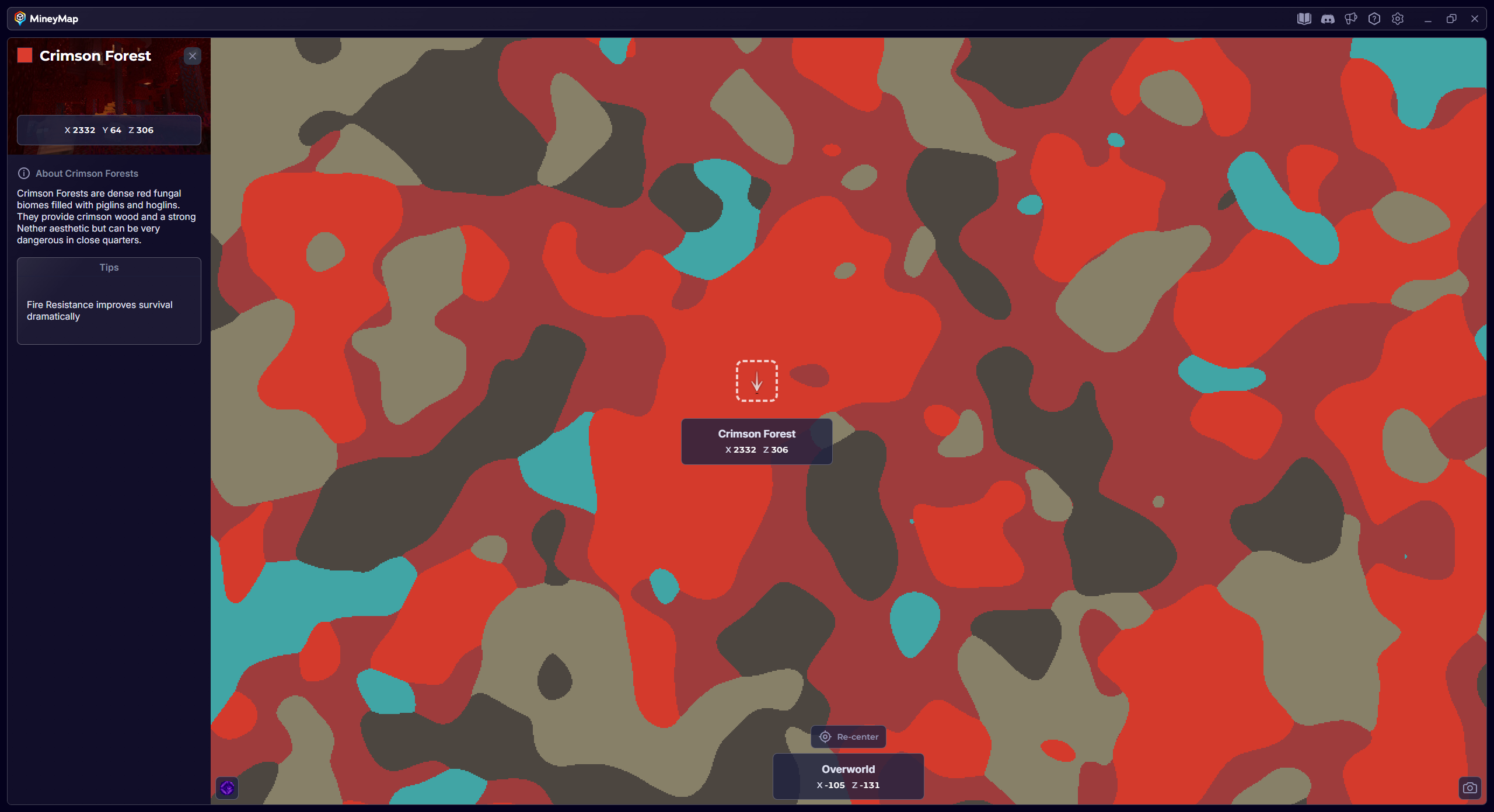 MineyMap world map with Crimson Forest selected and its coordinates visible