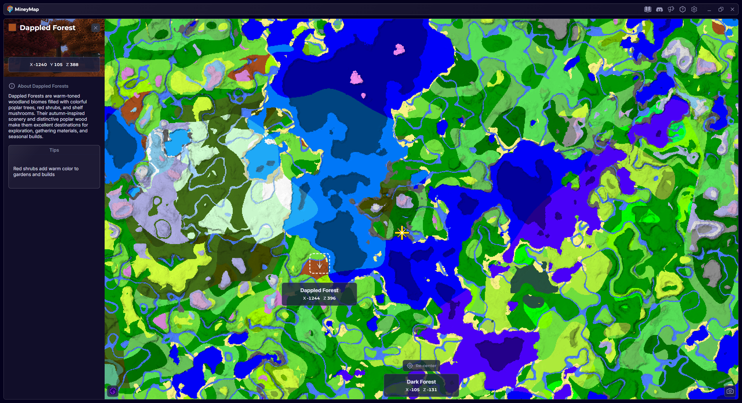 MineyMap world map with Dappled Forest selected and its coordinates visible
