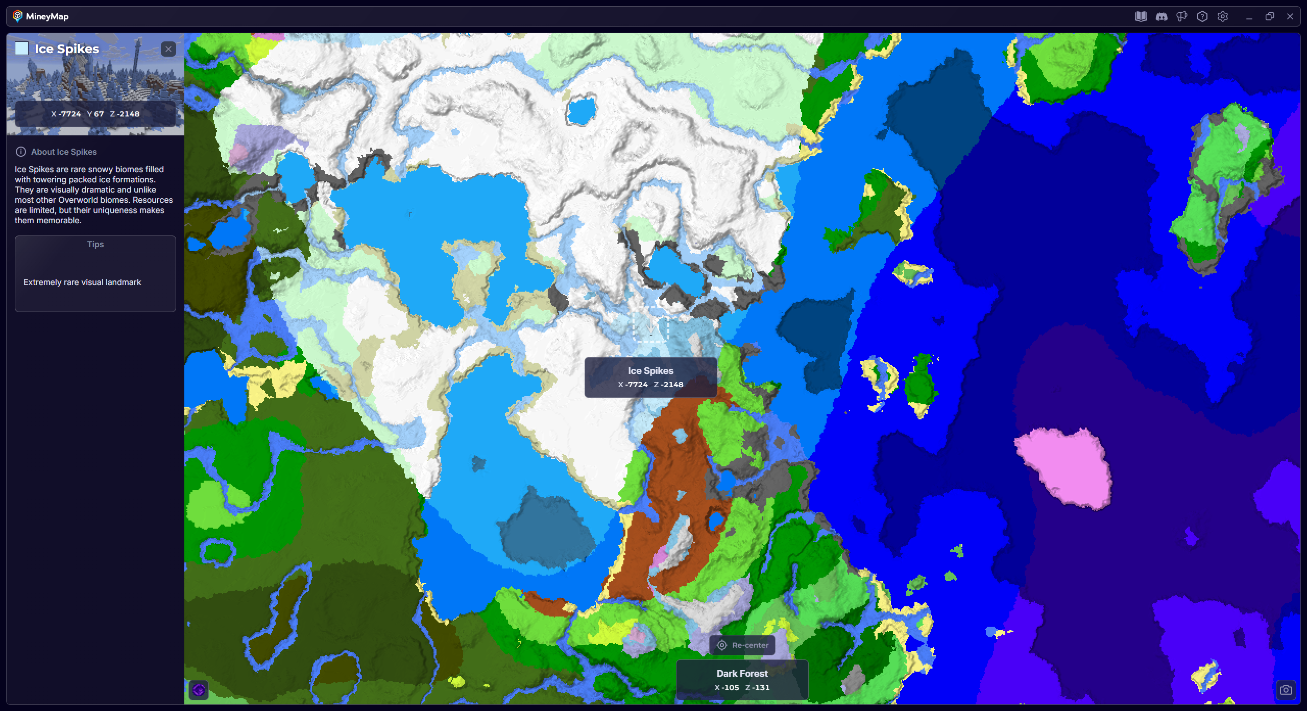 MineyMap world map with Ice Spikes selected and its coordinates visible