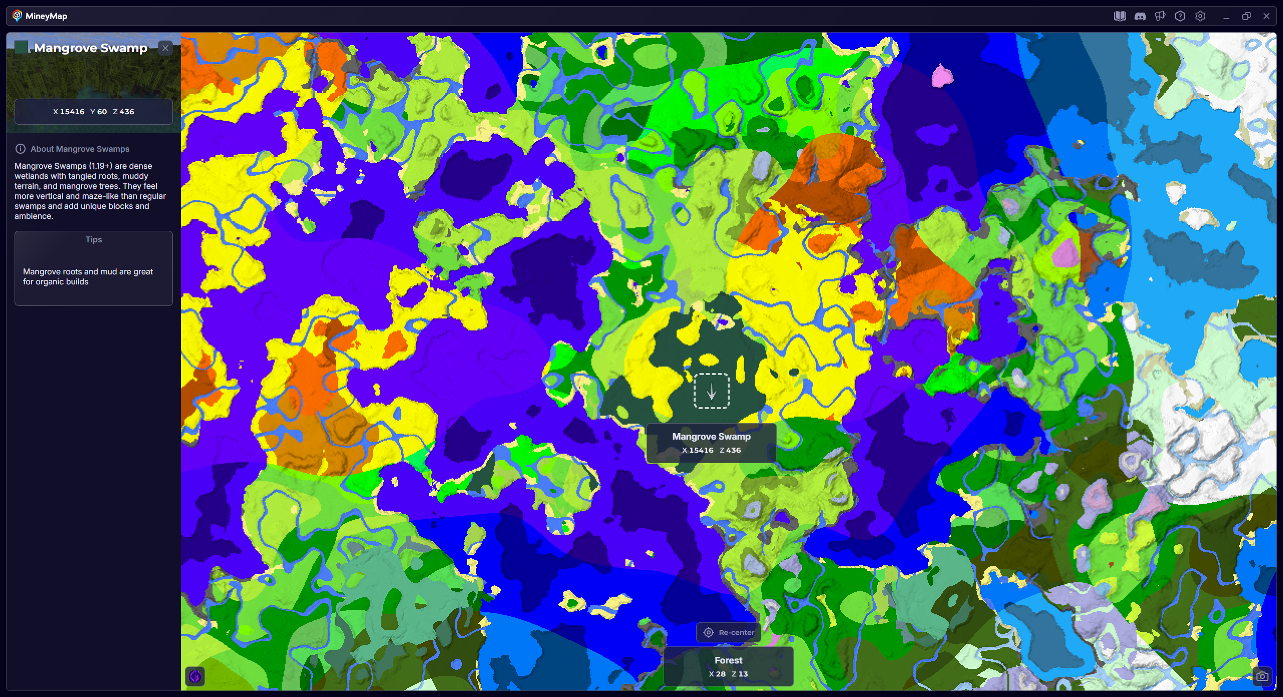 MineyMap world map with Mangrove Swamp selected and its coordinates visible