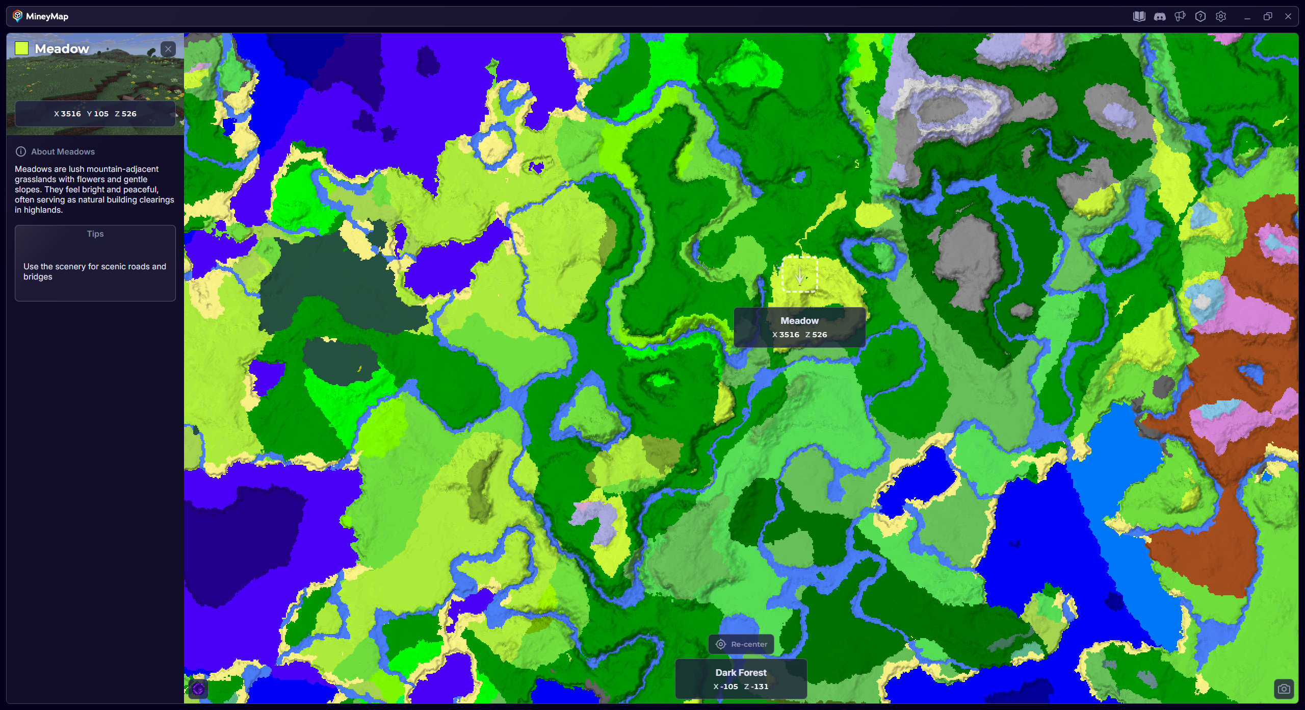 MineyMap world map with Meadow selected and its coordinates visible