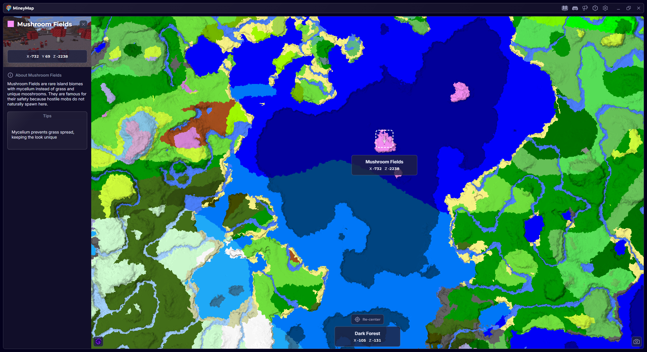 MineyMap world map with Mushroom Fields selected and its coordinates visible