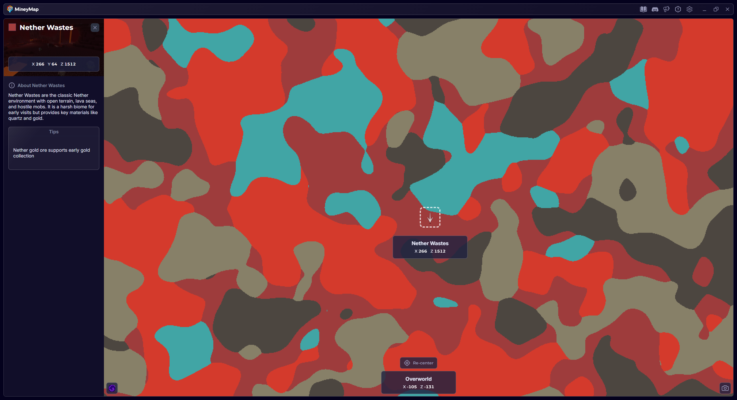 MineyMap world map with Nether Wastes selected and its coordinates visible