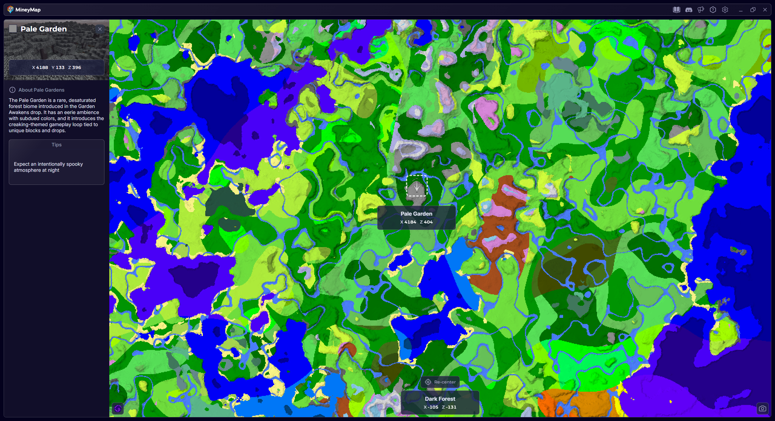 MineyMap world map with Pale Garden selected and its coordinates visible