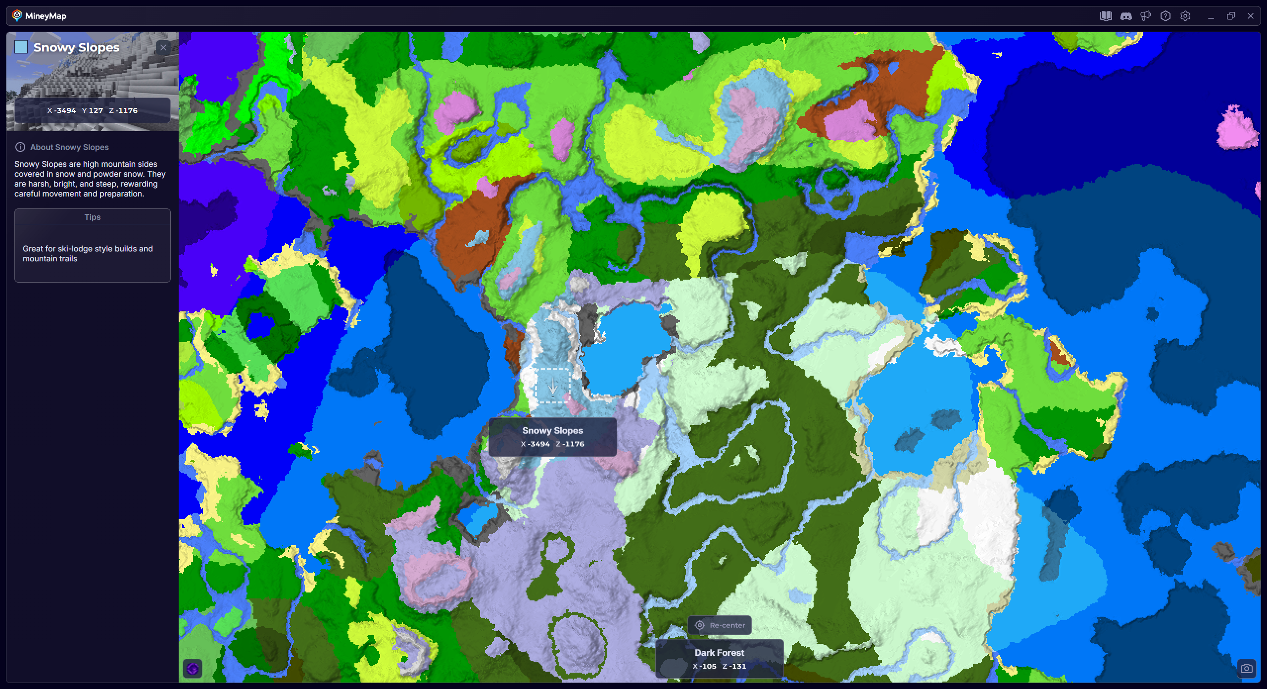 MineyMap world map with Snowy Slopes selected and its coordinates visible