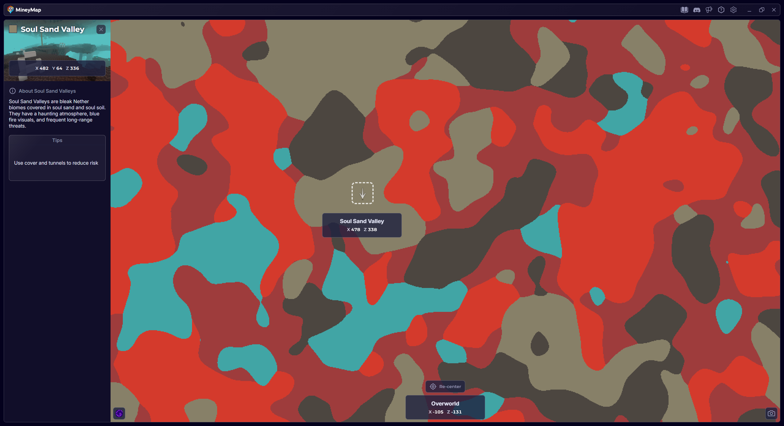 MineyMap world map with Soul Sand Valley selected and its coordinates visible