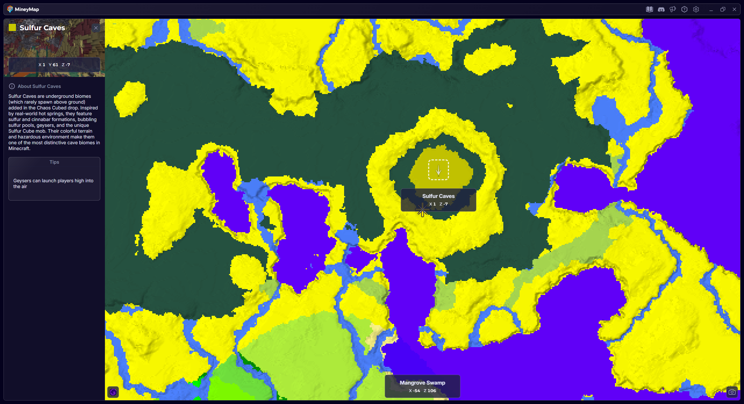 MineyMap world map with Sulfur Caves selected and its coordinates visible