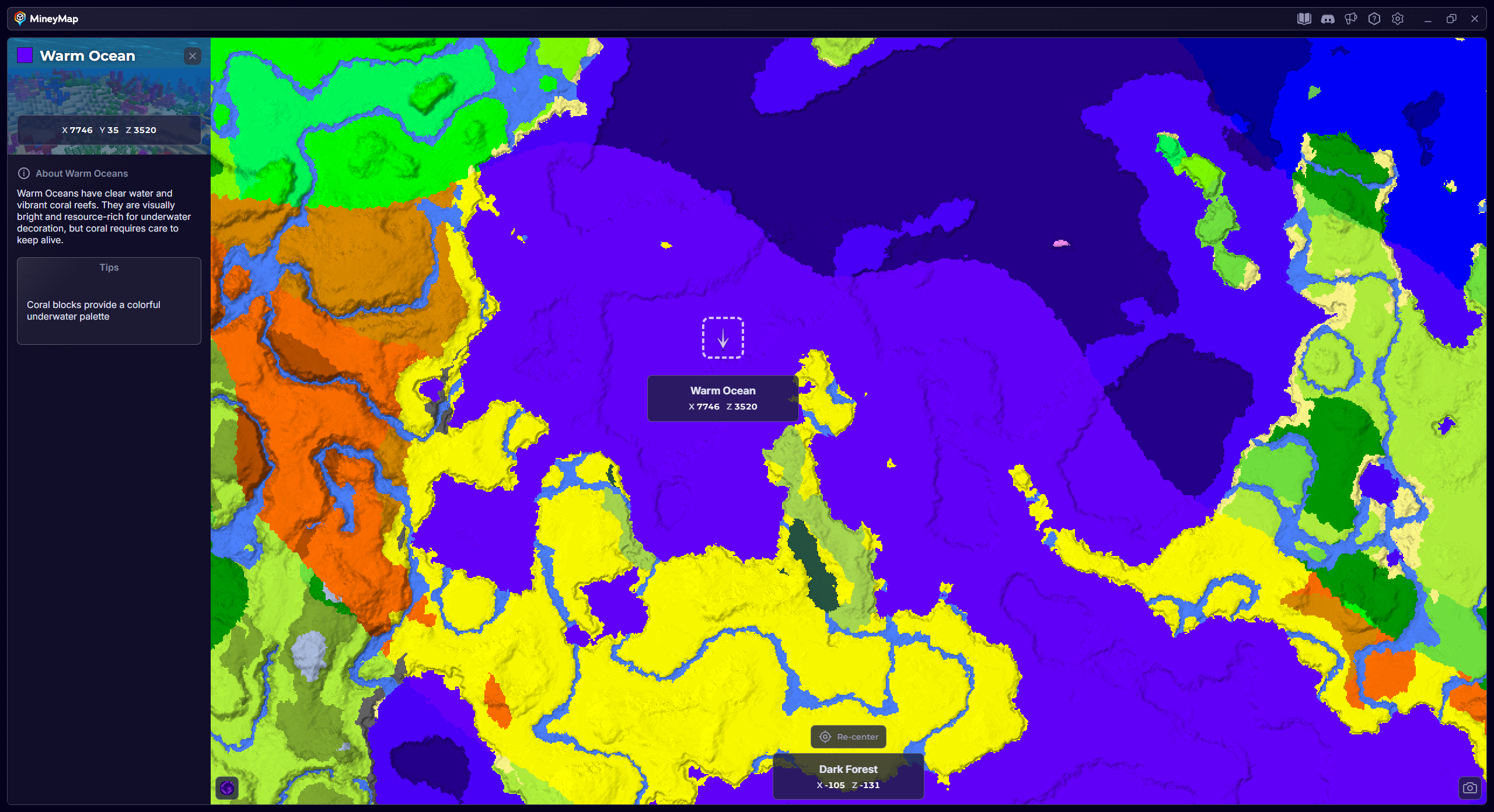 MineyMap world map with Warm Ocean selected and its coordinates visible