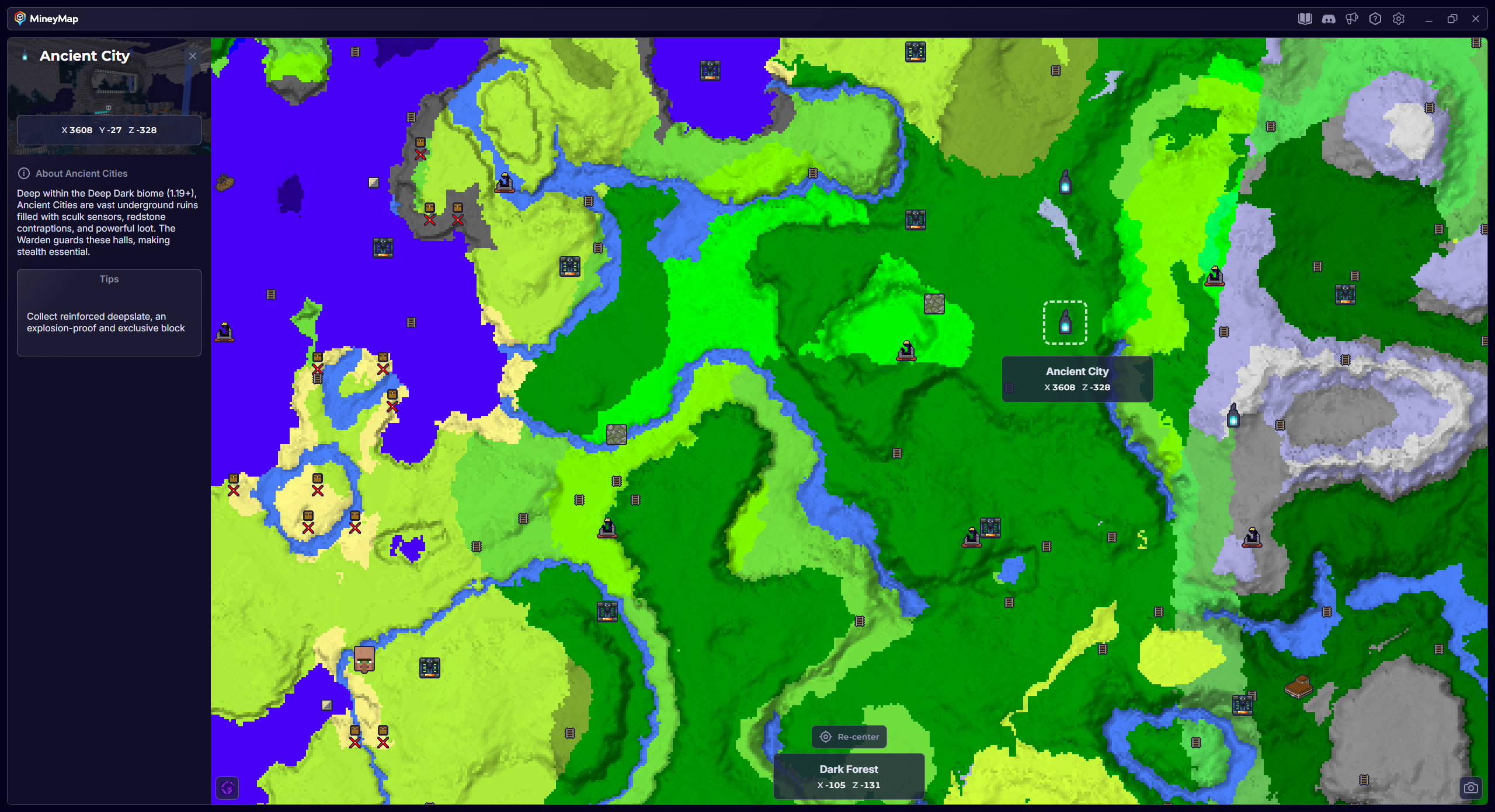 MineyMap world map with an Ancient City selected and its coordinates visible