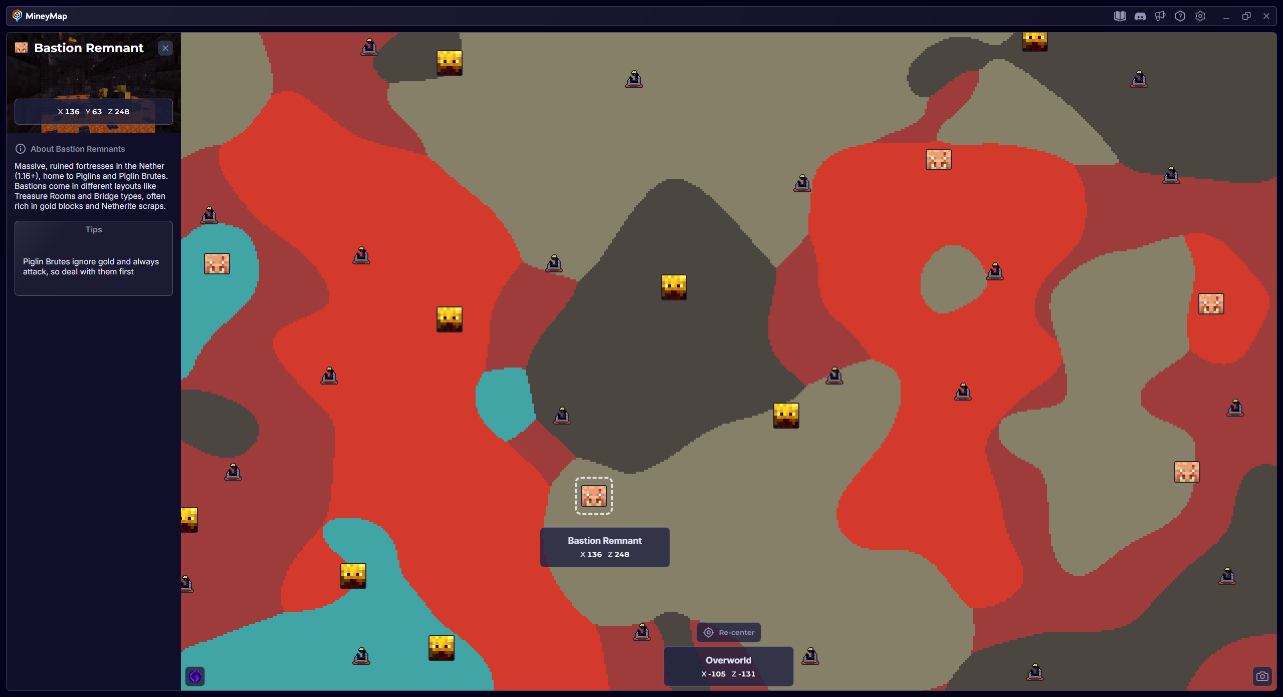 MineyMap world map with Bastion Remnant selected and its coordinates visible