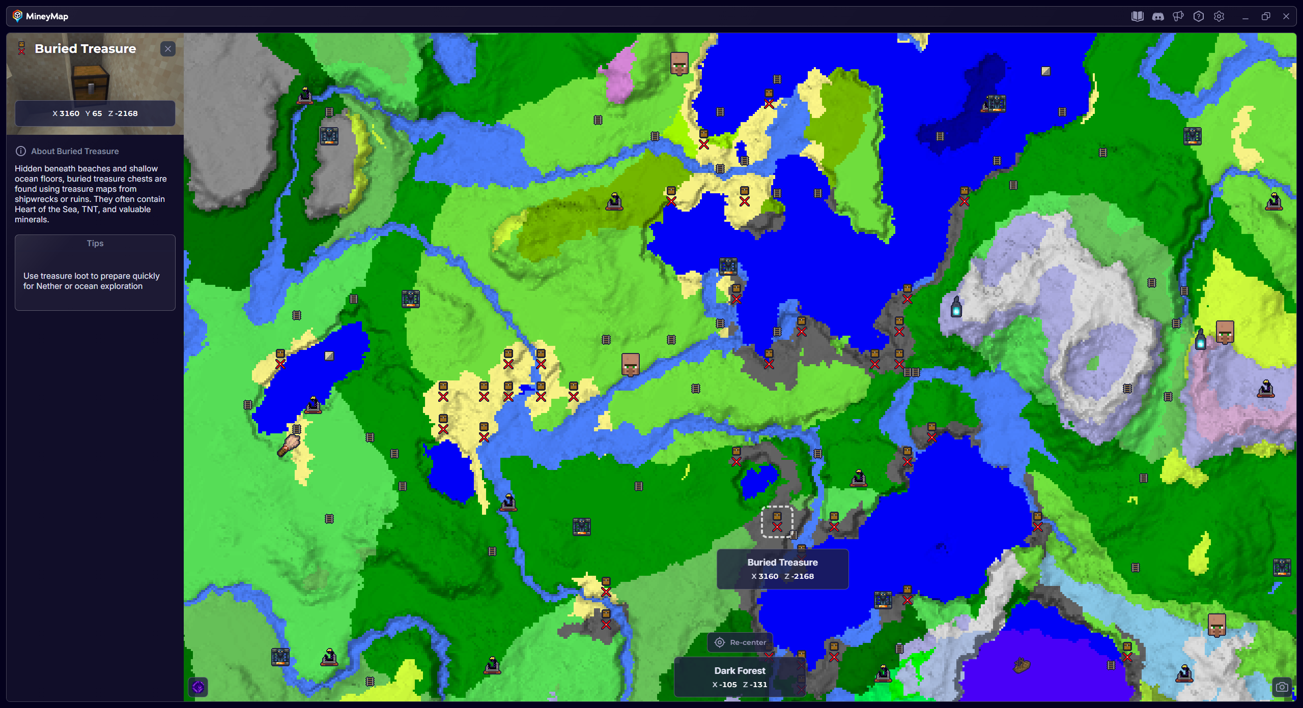 MineyMap world map with Buried Treasure selected and its coordinates visible