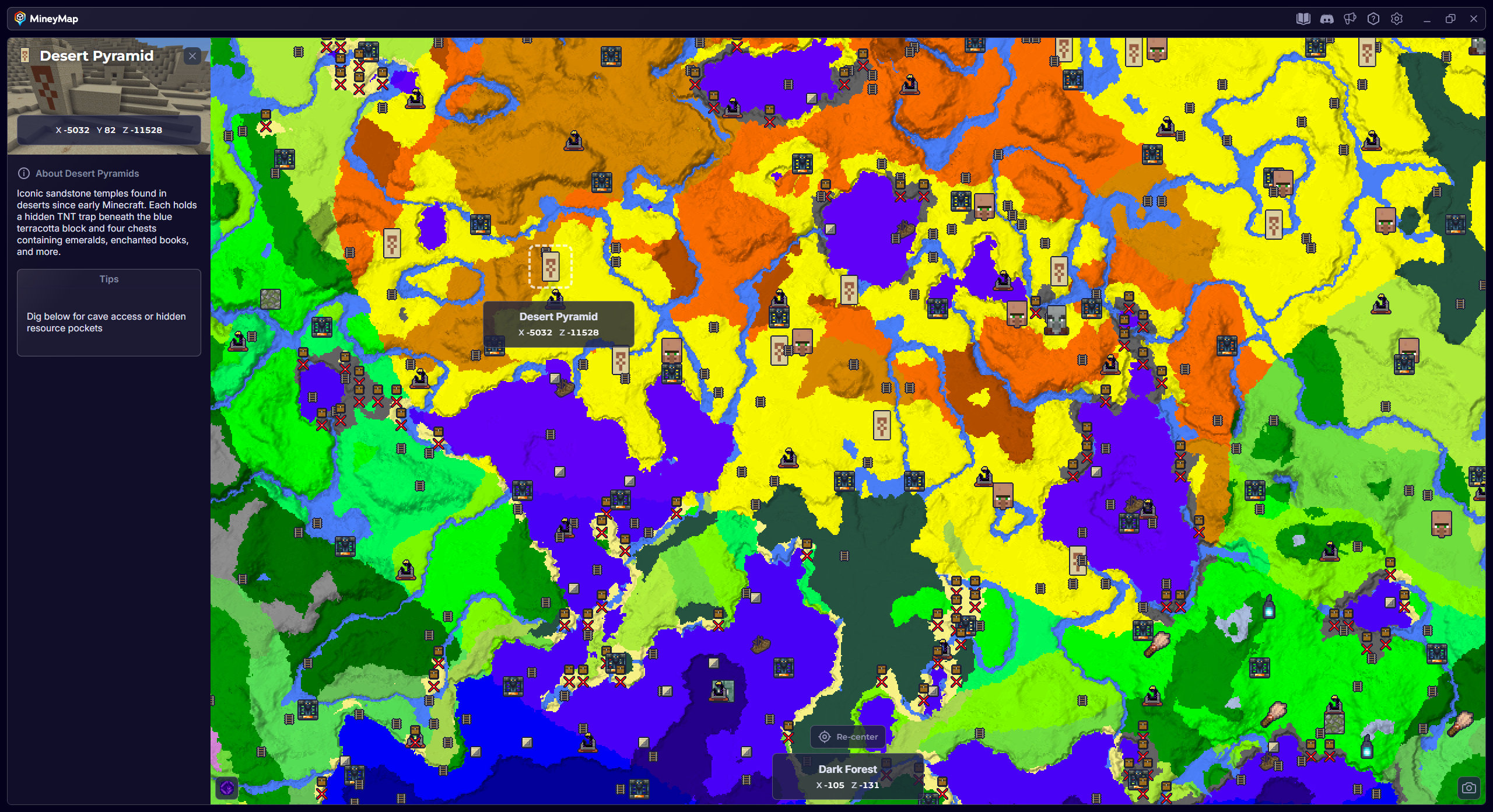 MineyMap world map with Desert Pyramid selected and its coordinates visible