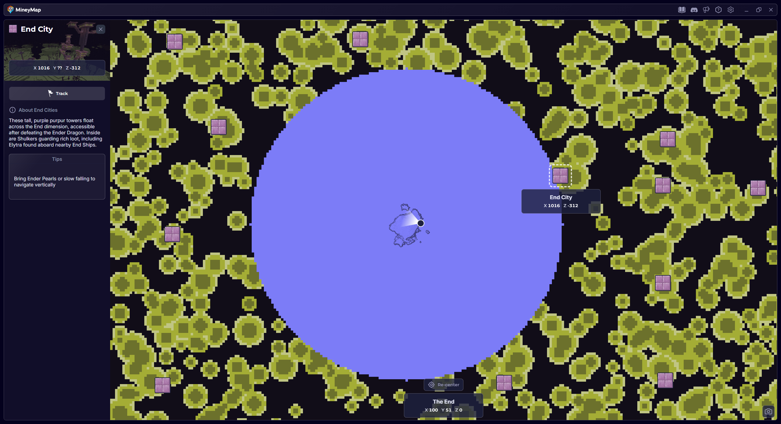 MineyMap world map with End City selected and its coordinates visible