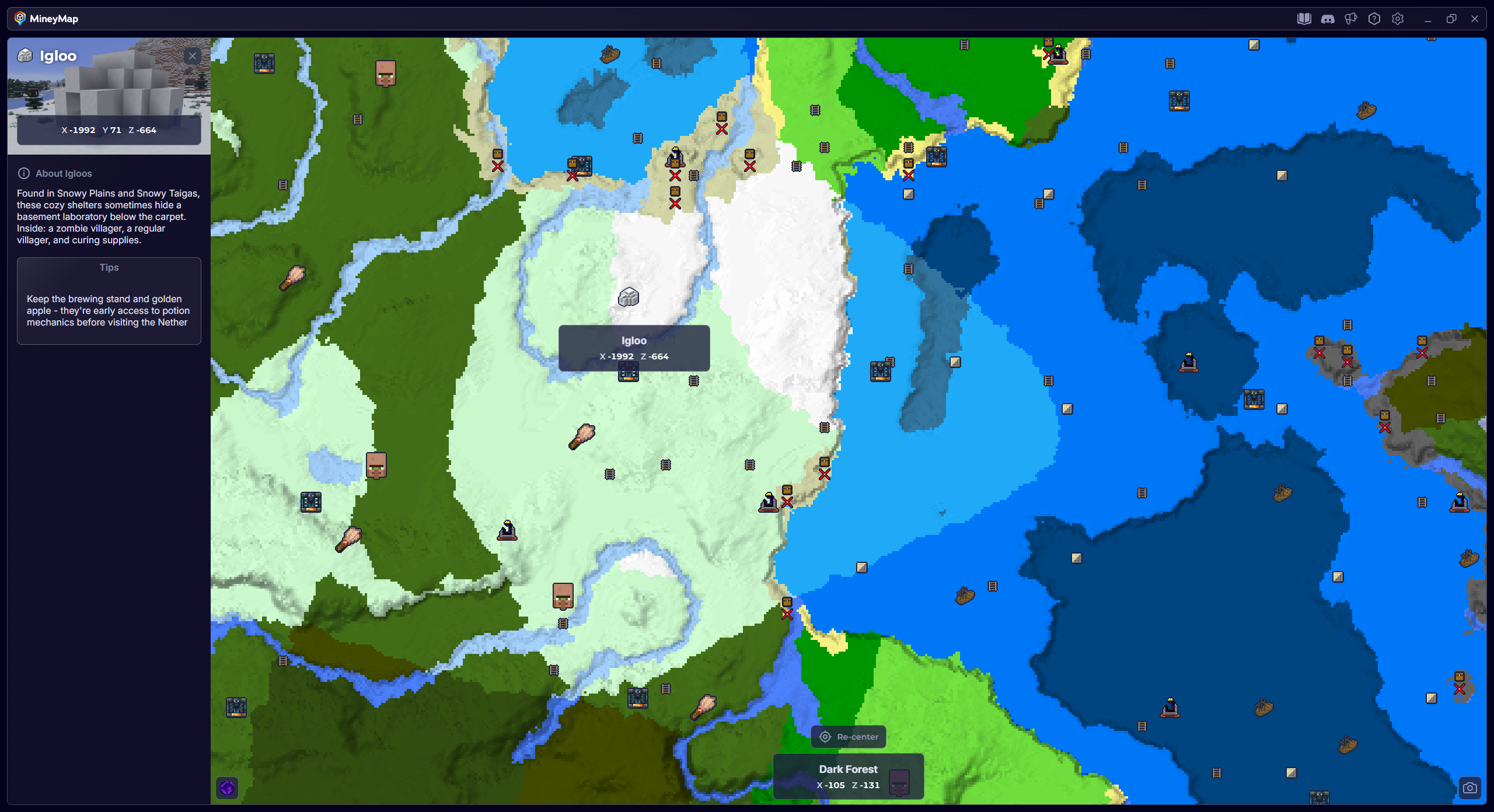 MineyMap world map with Igloo selected and its coordinates visible