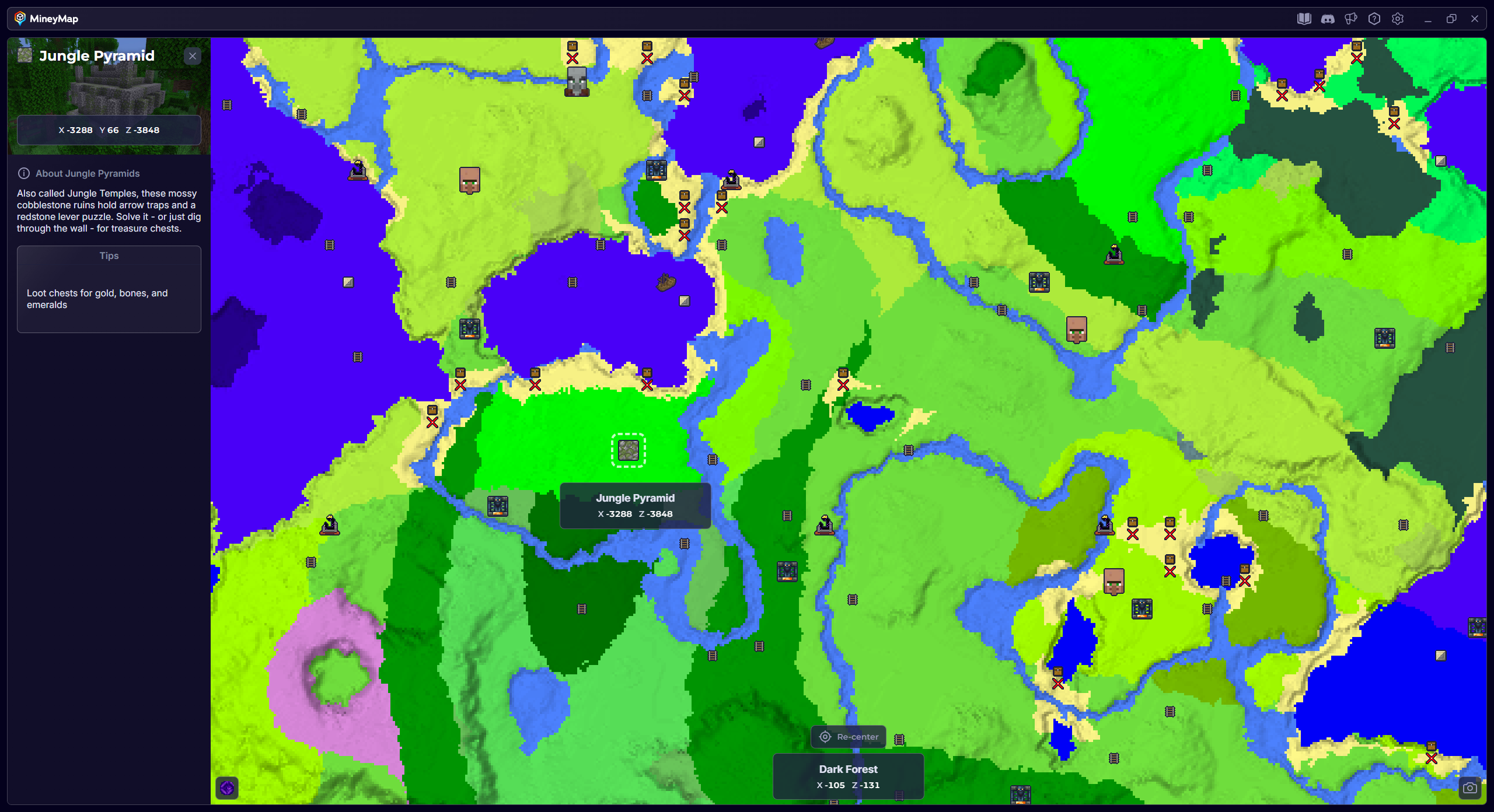 MineyMap world map with Jungle Pyramid selected and its coordinates visible