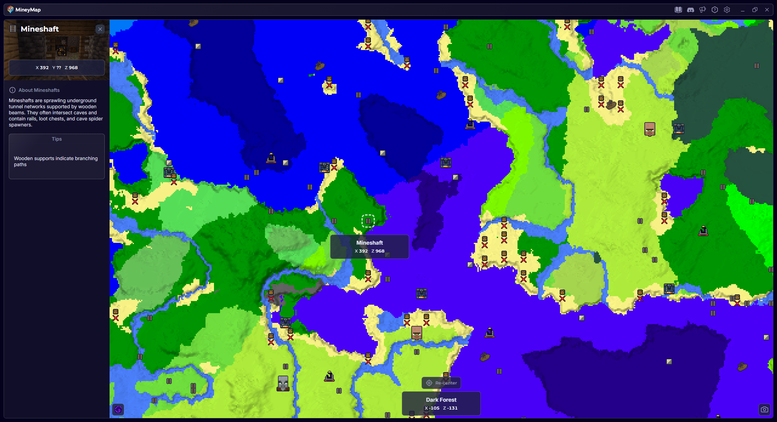 MineyMap world map with Mineshaft selected and its coordinates visible