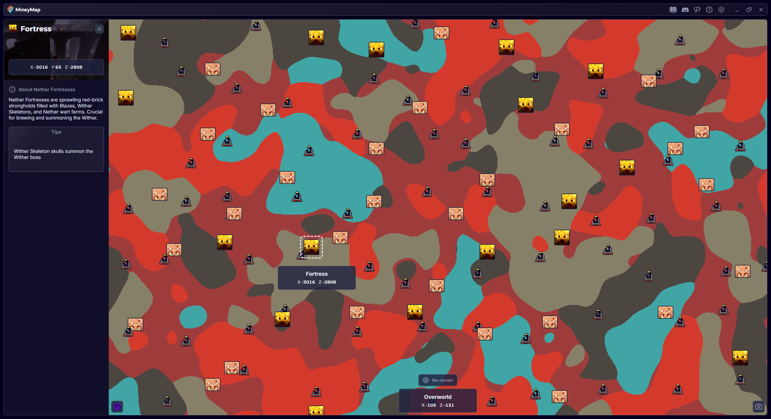 MineyMap world map with Nether Fortress selected and its coordinates visible