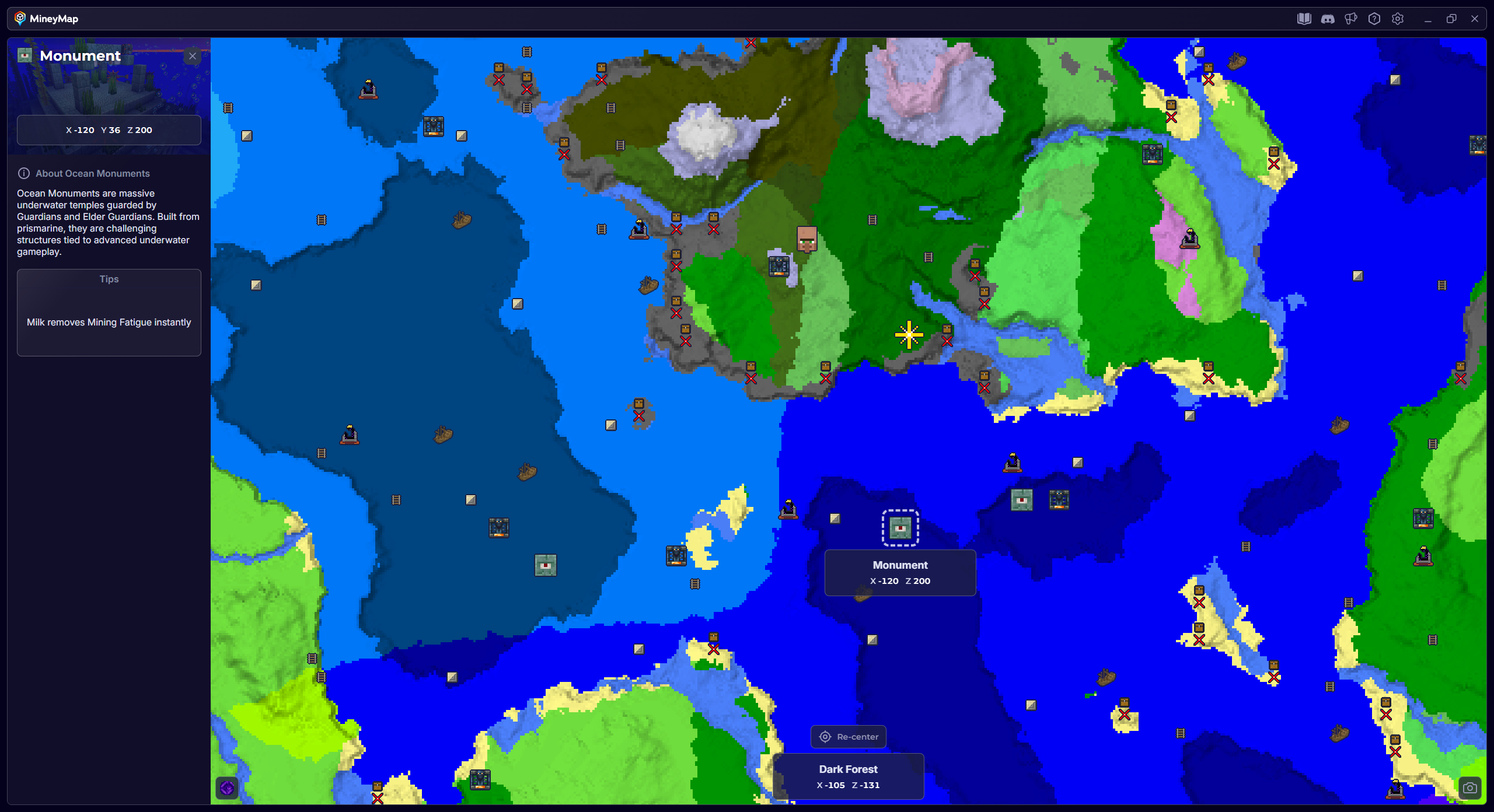 MineyMap world map with Ocean Monument selected and its coordinates visible