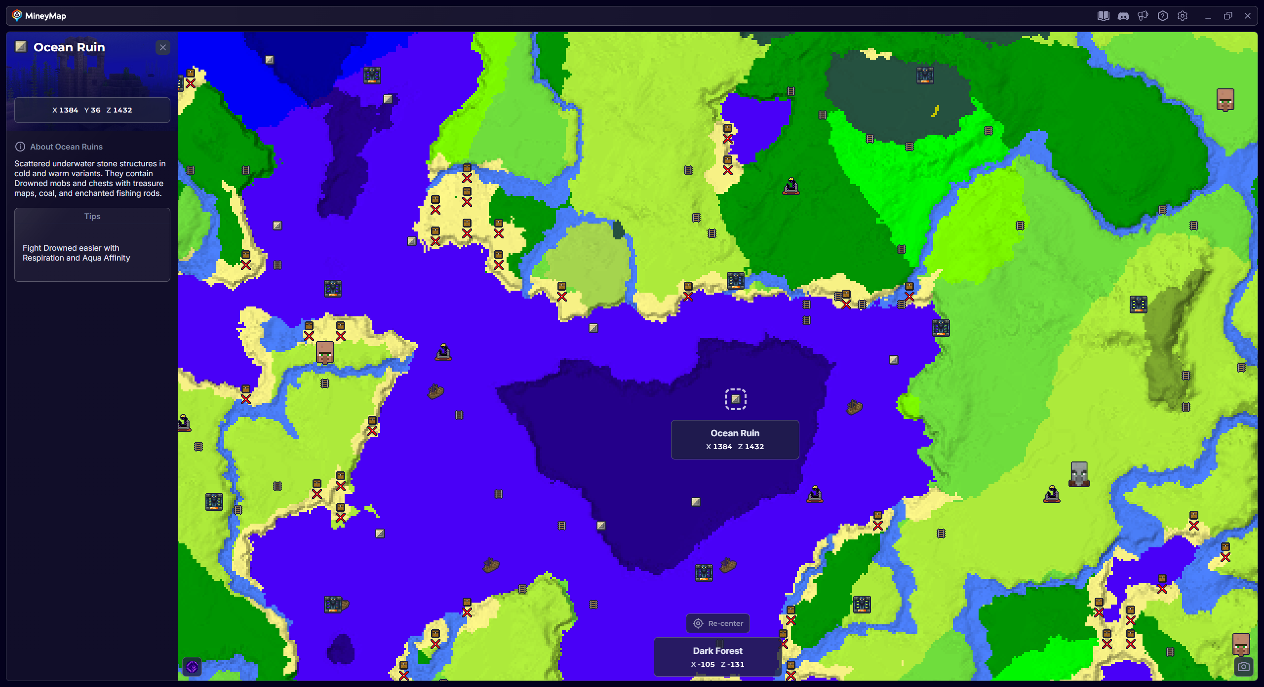 MineyMap world map with Ocean Ruin selected and its coordinates visible