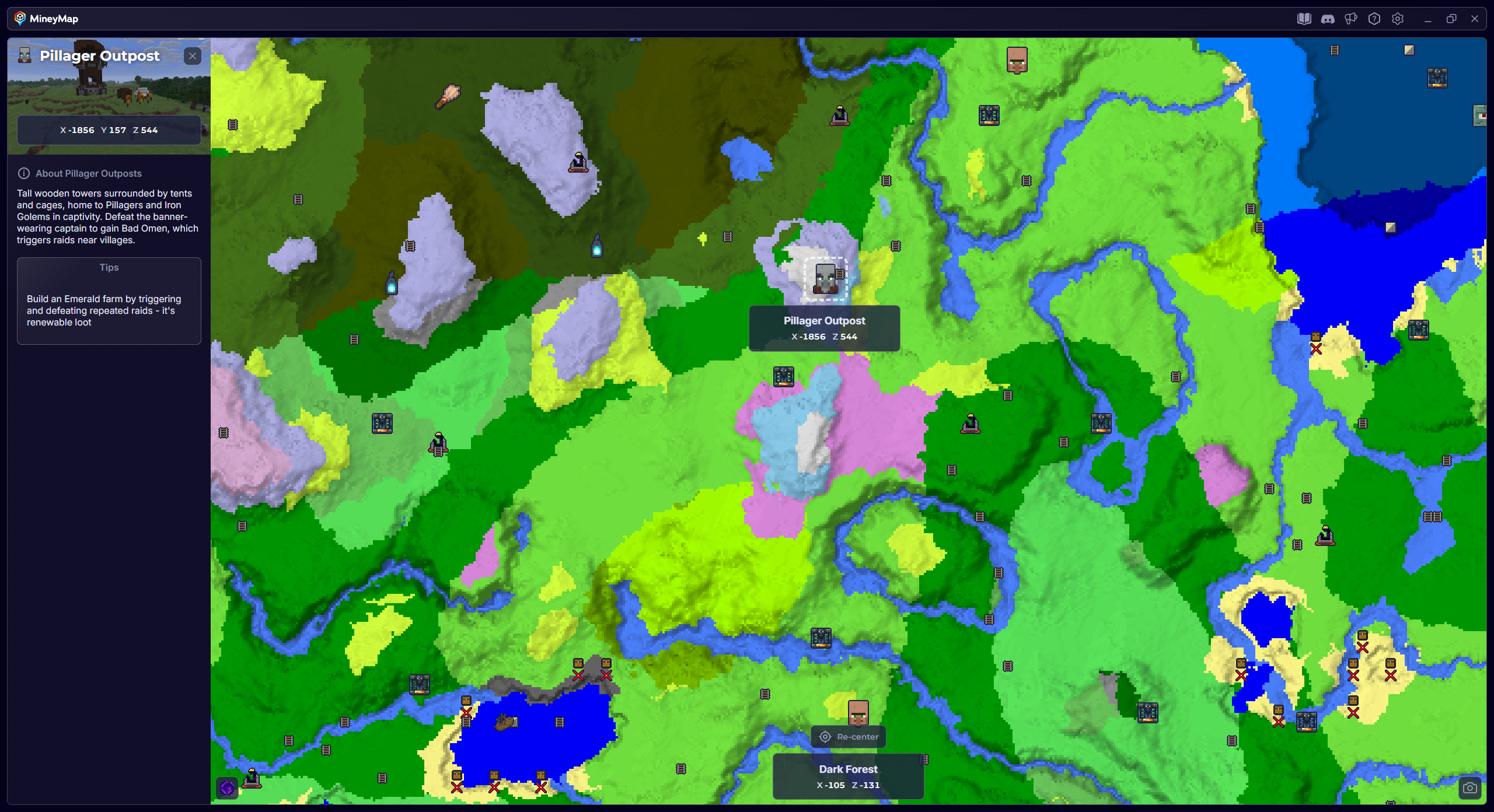 MineyMap world map with Pillager Outpost selected and its coordinates visible
