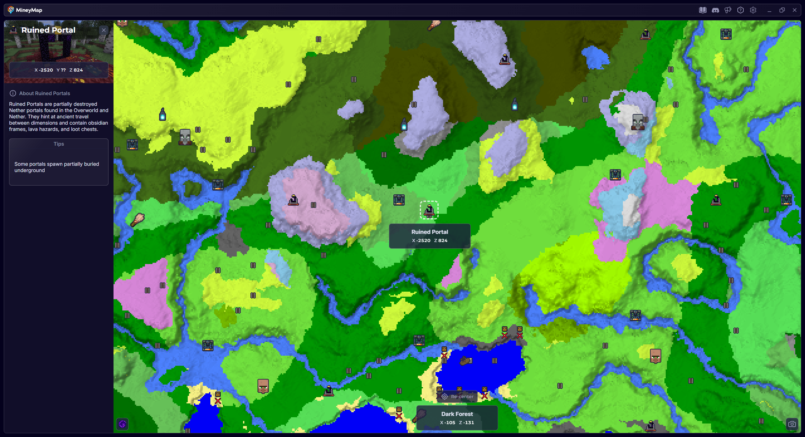 MineyMap world map with Ruined Portal selected and its coordinates visible