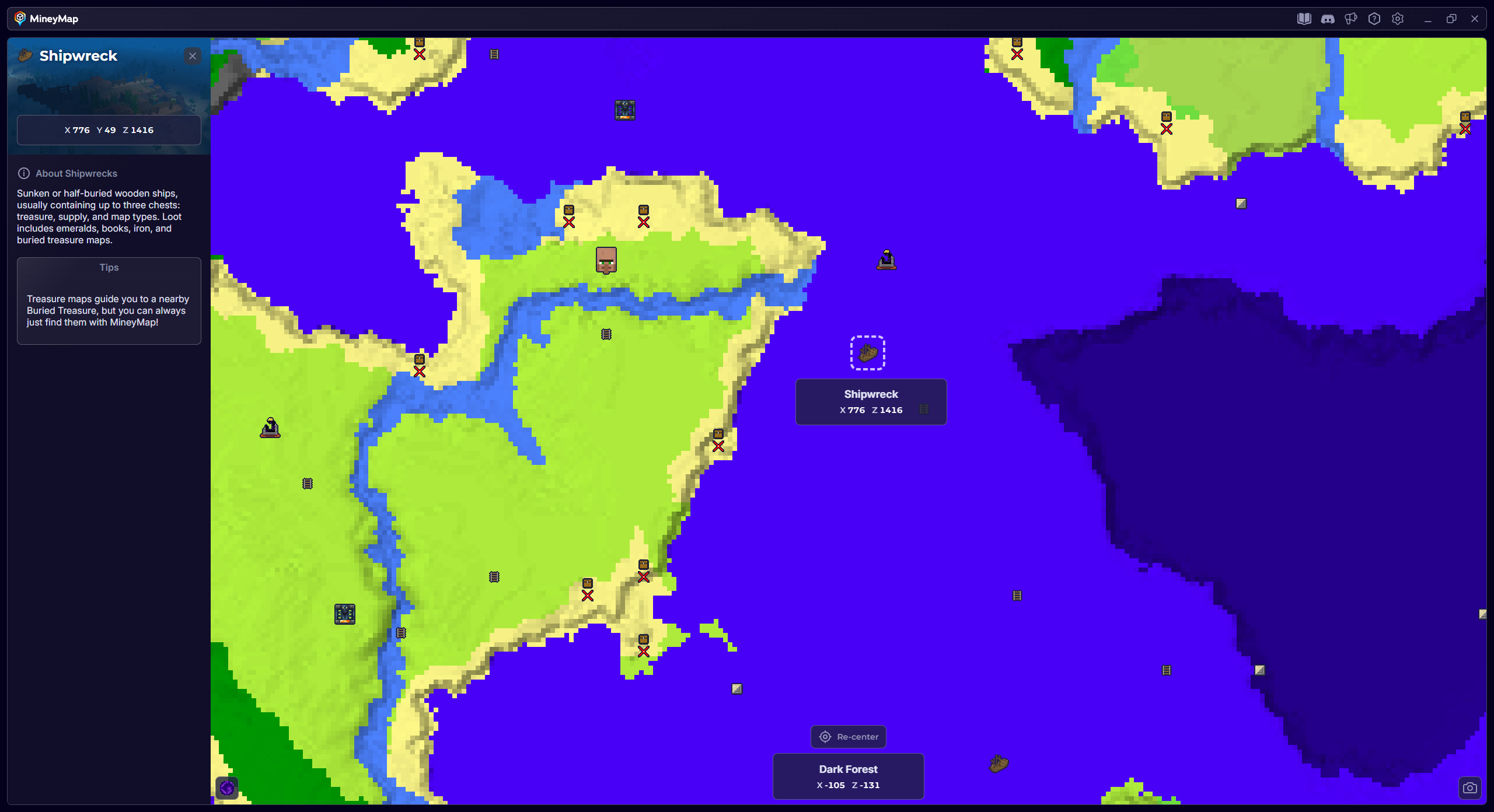 MineyMap world map with Shipwreck selected and its coordinates visible