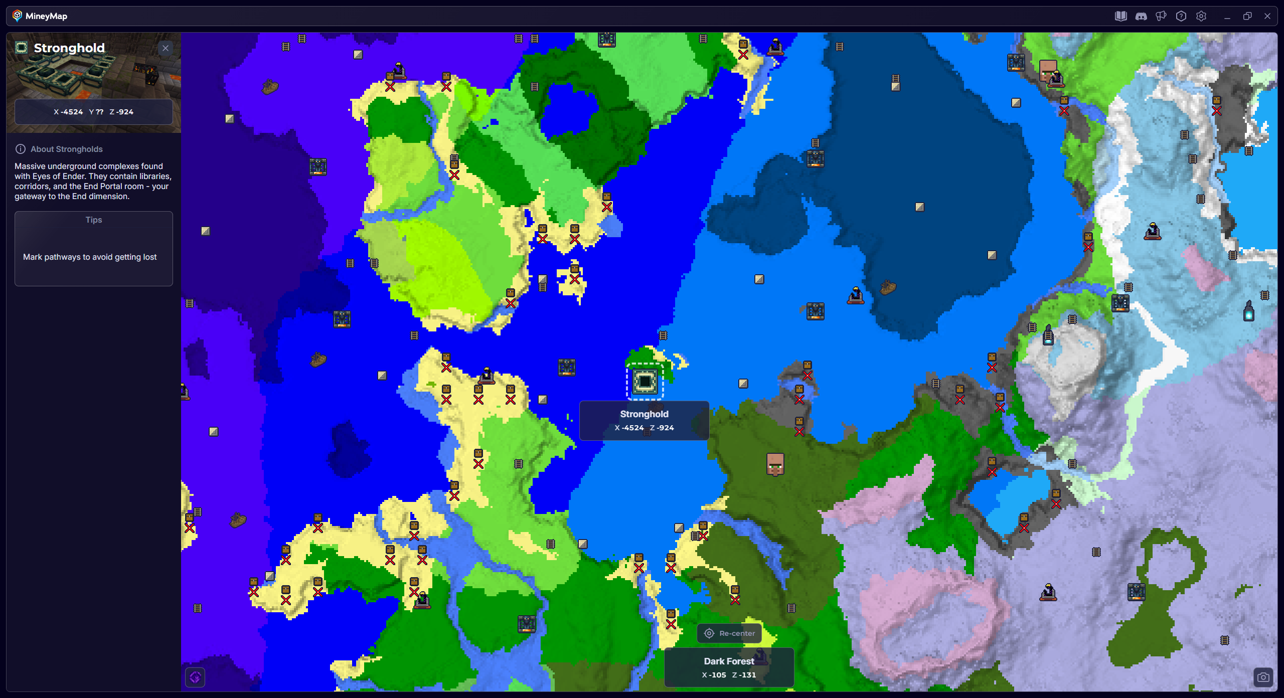 MineyMap world map with Stronghold selected and its coordinates visible