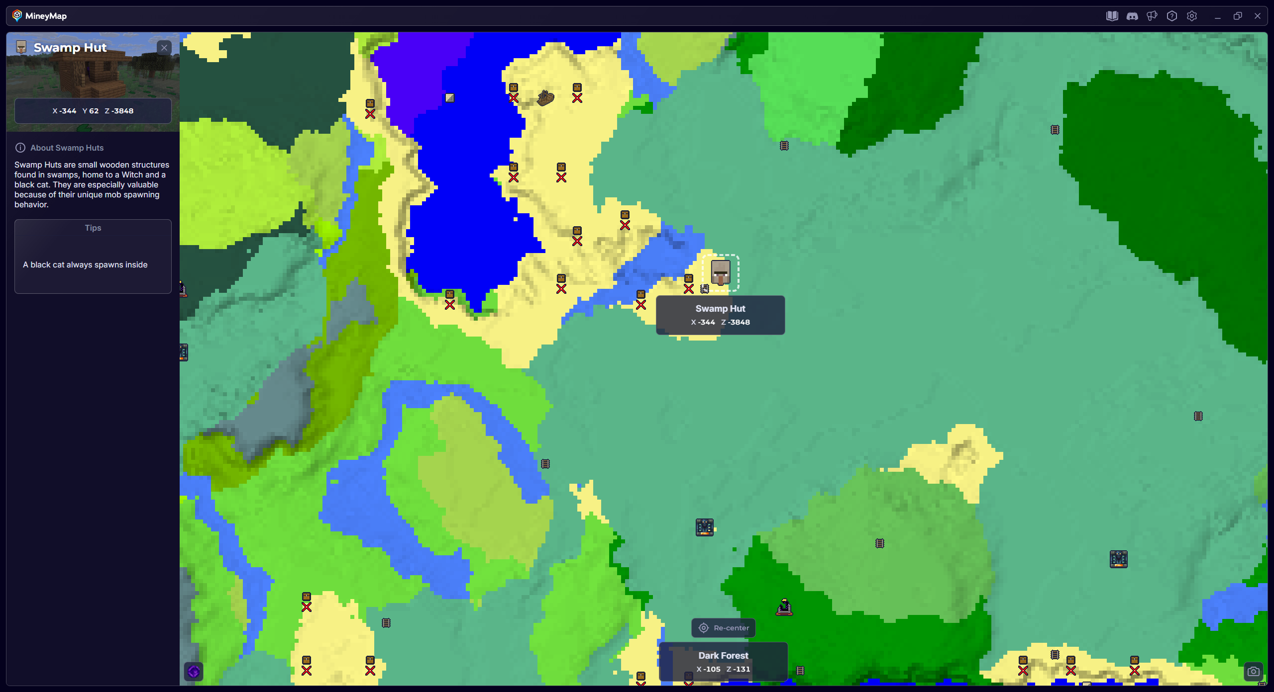 MineyMap world map with Swamp Hut selected and its coordinates visible