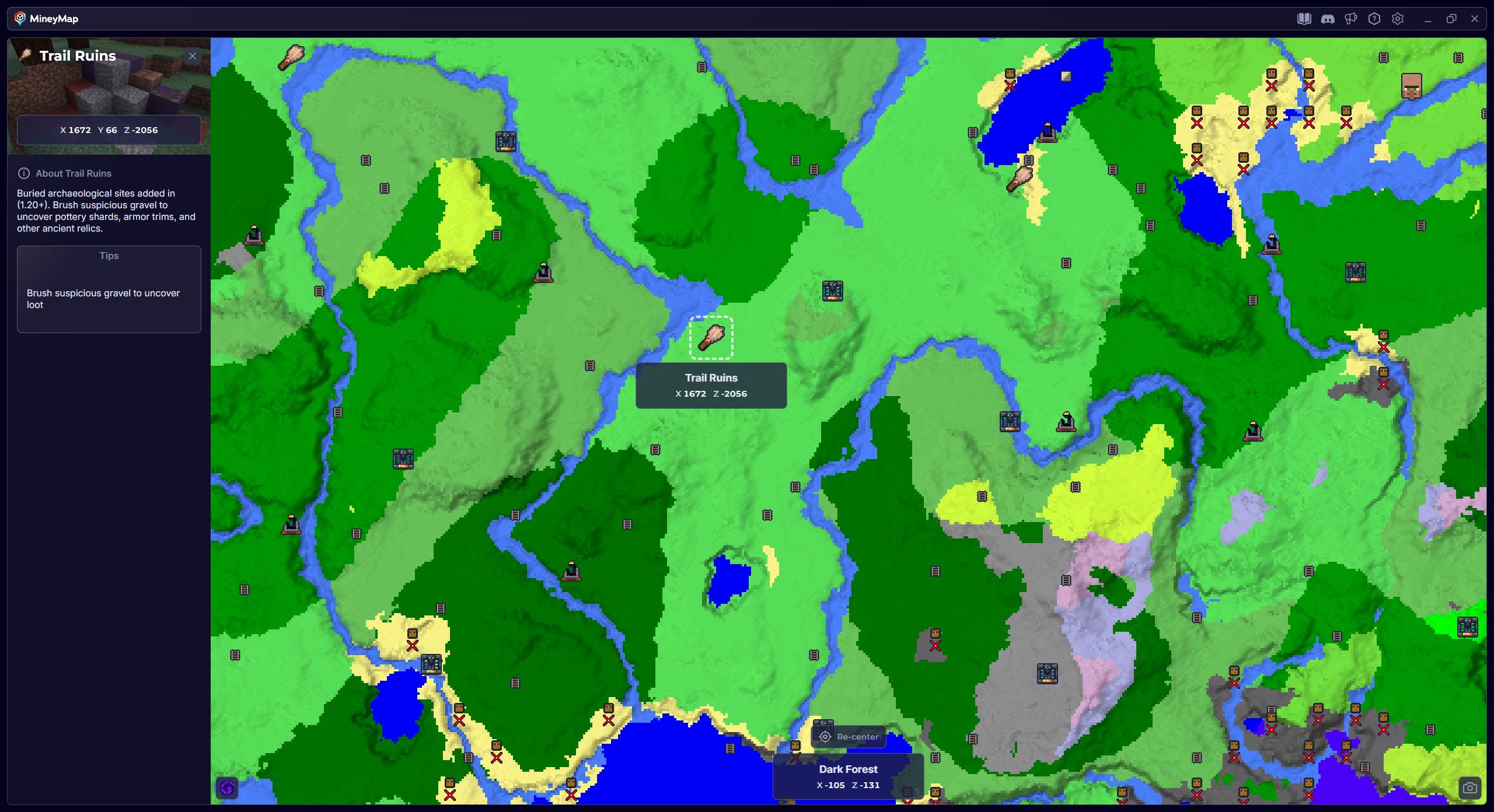 MineyMap world map with Trail Ruins selected and its coordinates visible