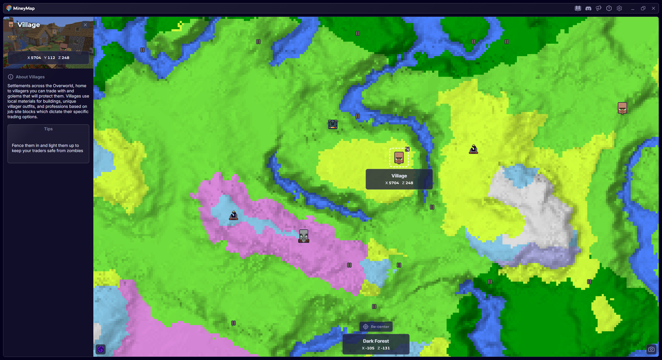 MineyMap world map with Village selected and its coordinates visible