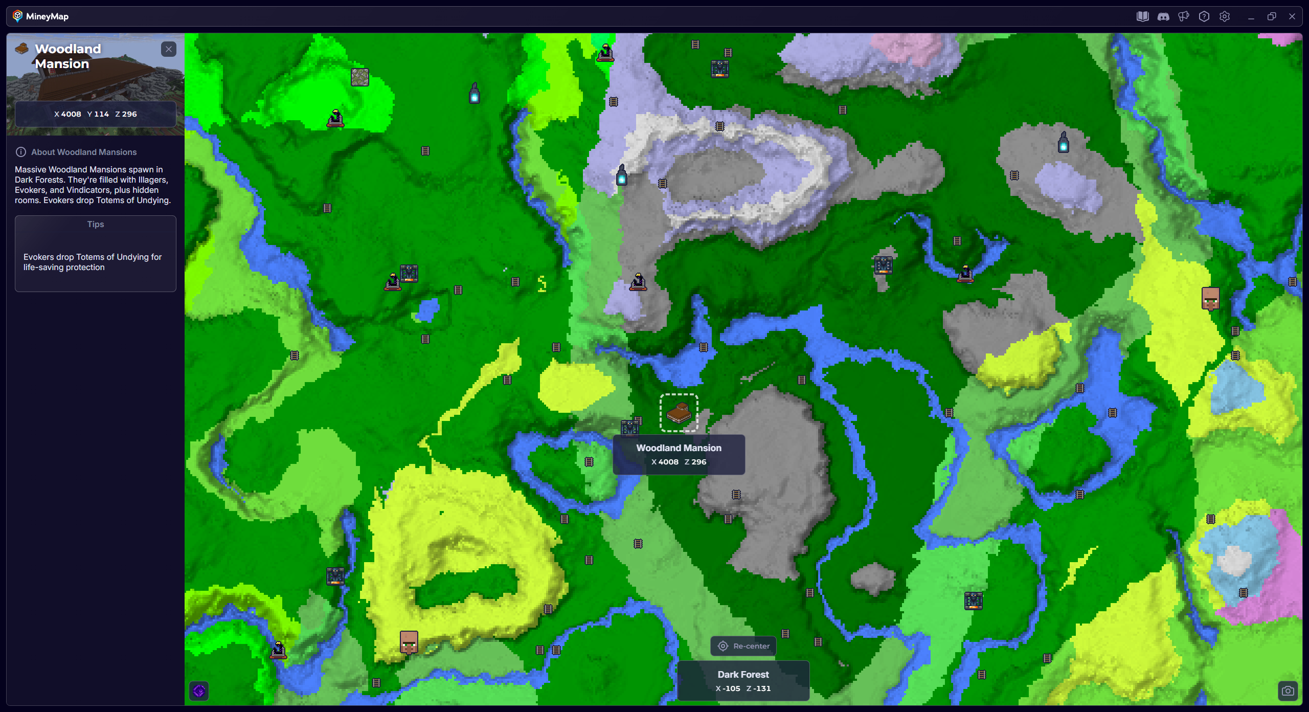 MineyMap world map with Woodland Mansion selected and its coordinates visible