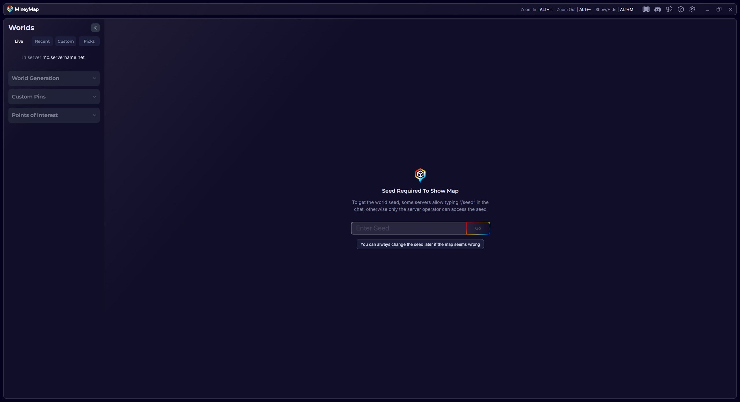 MineyMap main window showing the Seed Required To Show Map screen with a field for entering a multiplayer server seed
