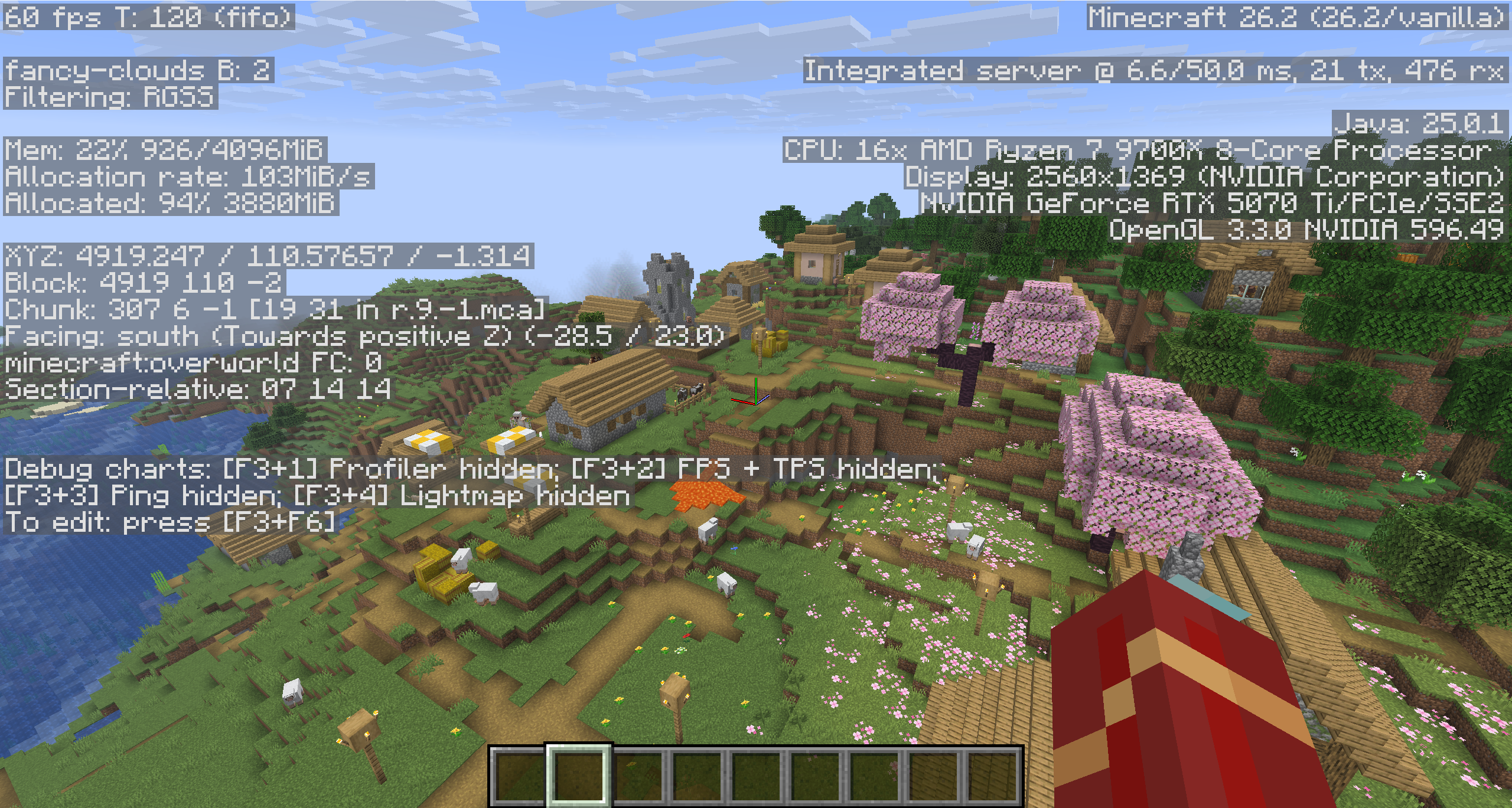 Minecraft Java debug screen showing the player's XYZ coordinates