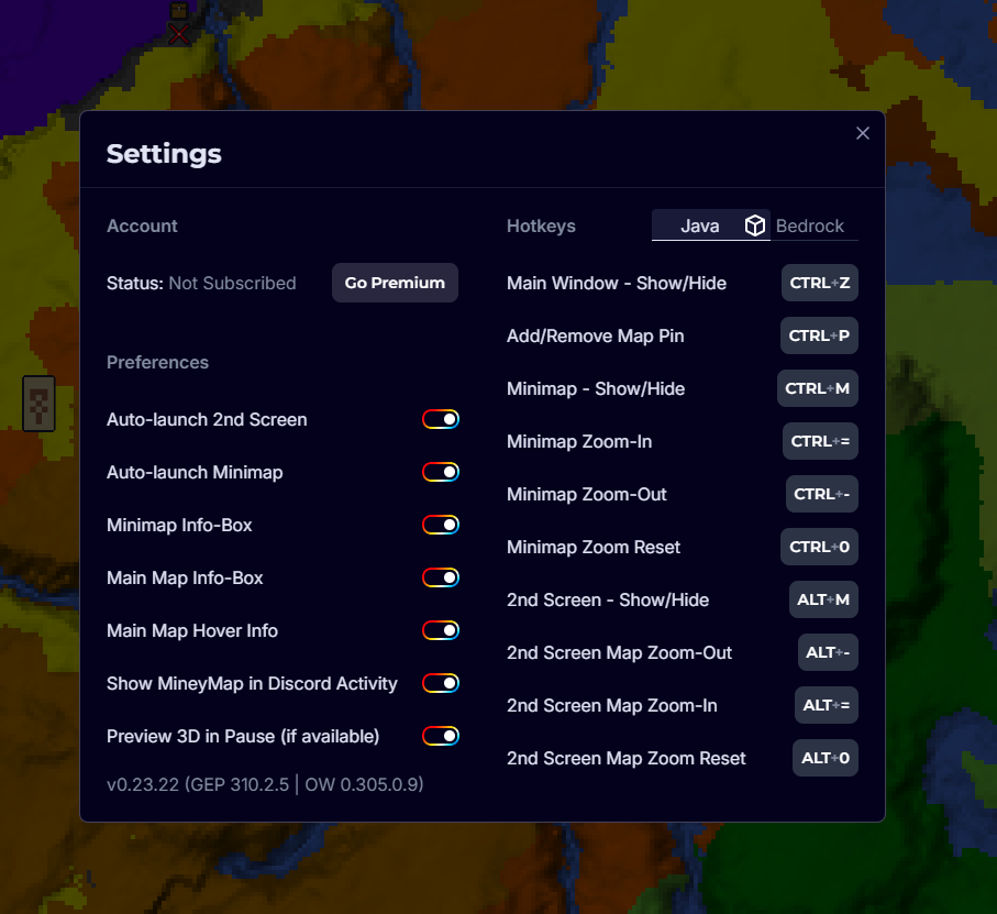MineyMap settings showing shared preferences, Java hotkeys, the Java and Bedrock hotkey toggle, and the installed version
