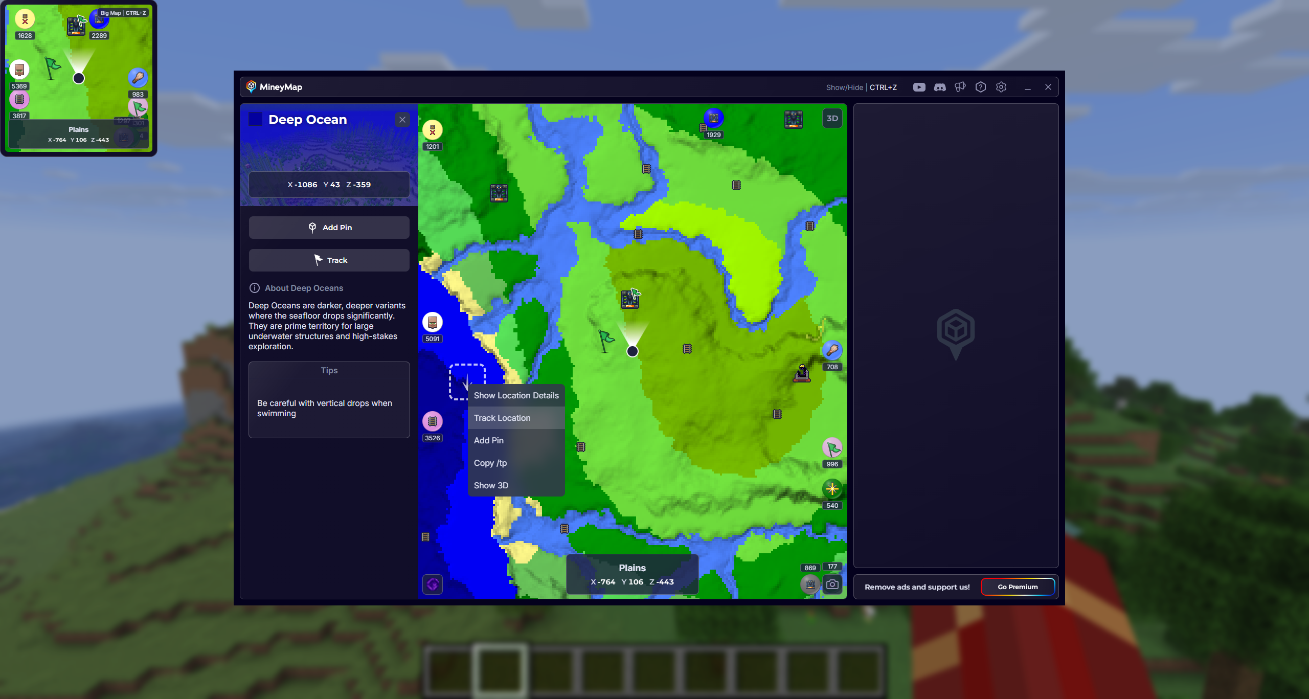 MineyMap large map and in-game minimap showing tracked locations with directional indicators and distances in blocks