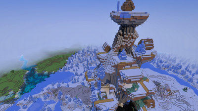 Snow-Pillar-Village Spawn, a featured Minecraft seed world