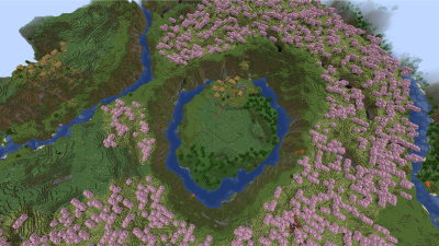 Cherry Circles Village With River, a featured Minecraft seed world